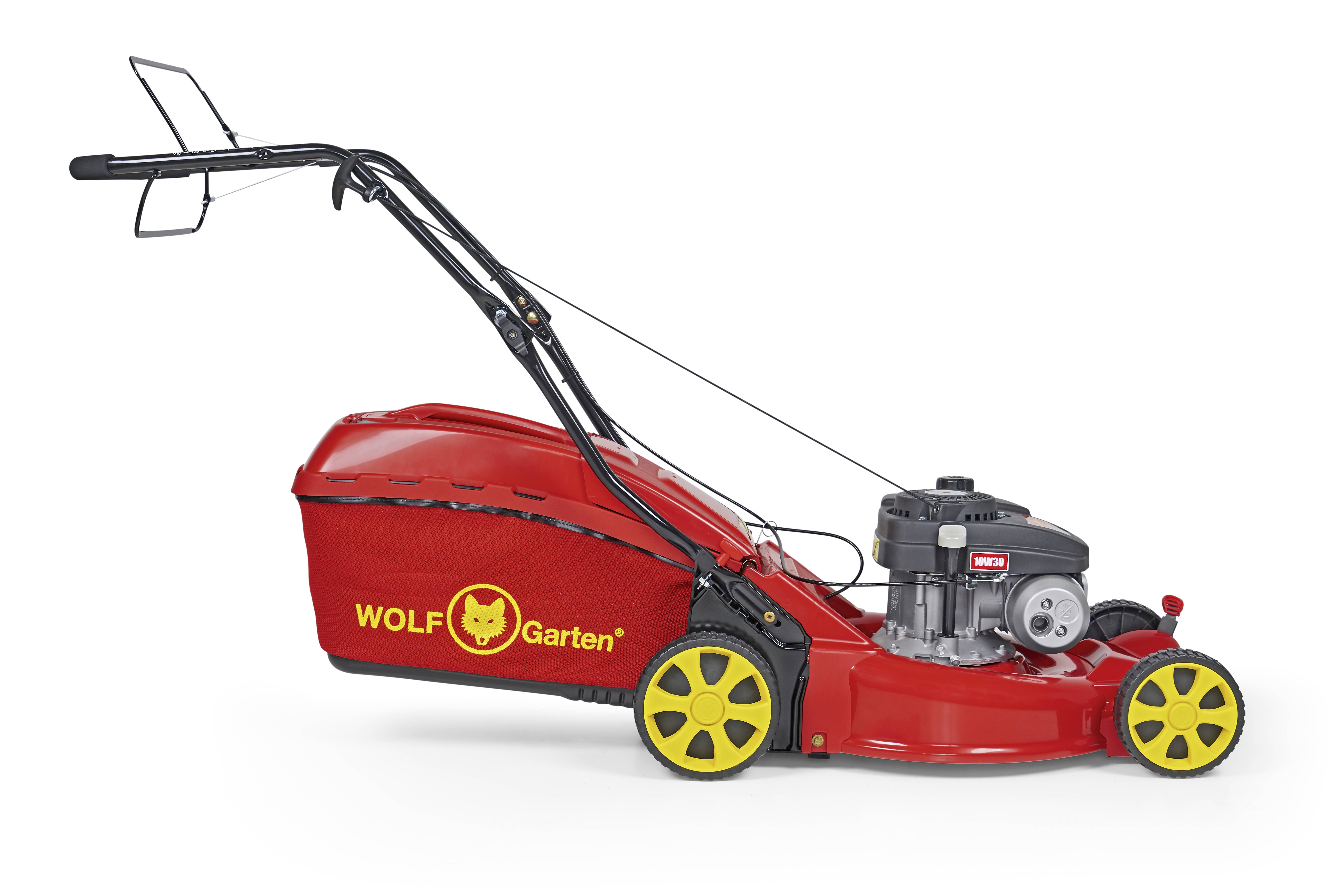 WOLF-Garten A 4600A Benzin Rasenmäher Heckauswurf, Höhenverstellbarer Griff mit Klappfunktion 2.1kW Schnittbreite (max.) 46cm