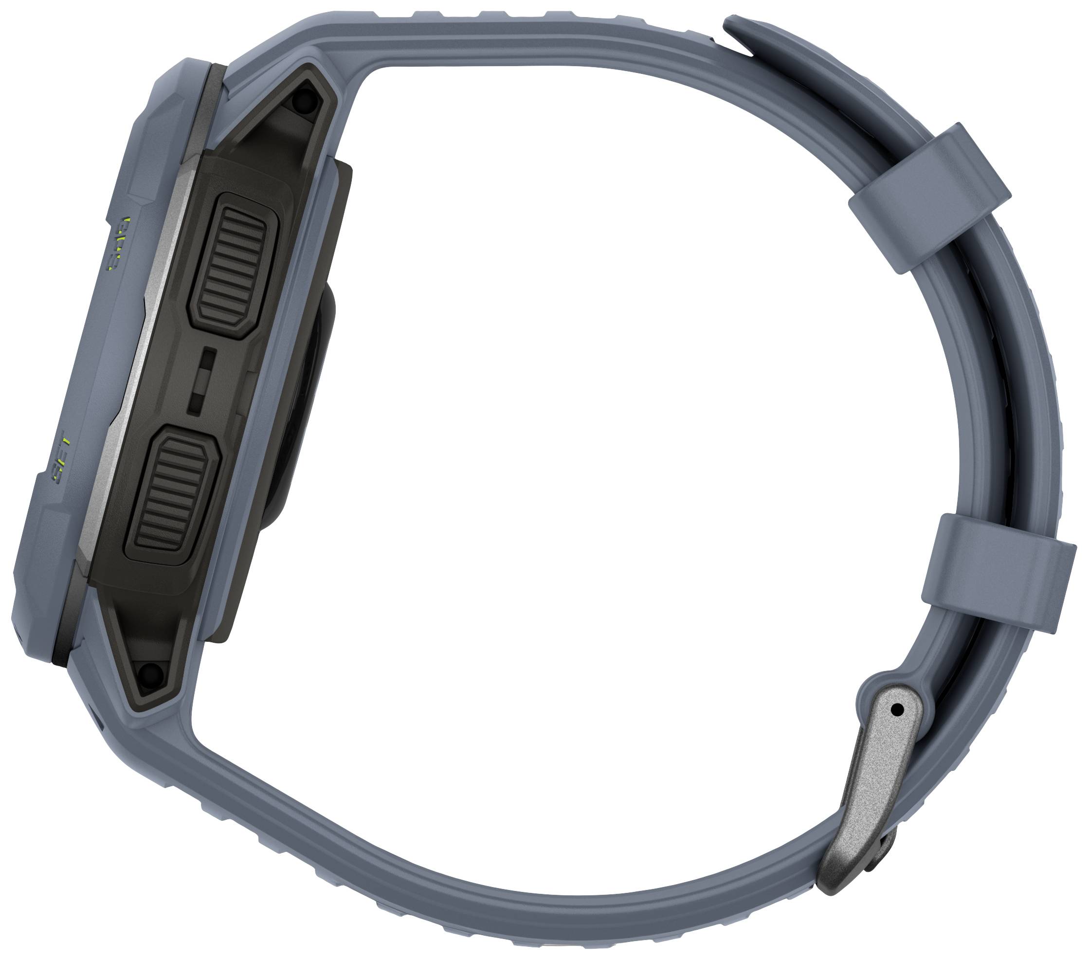 Eine Smartwatch mit einem blauen Armband und einem robusten Gehäuse von der Seite betrachtet.