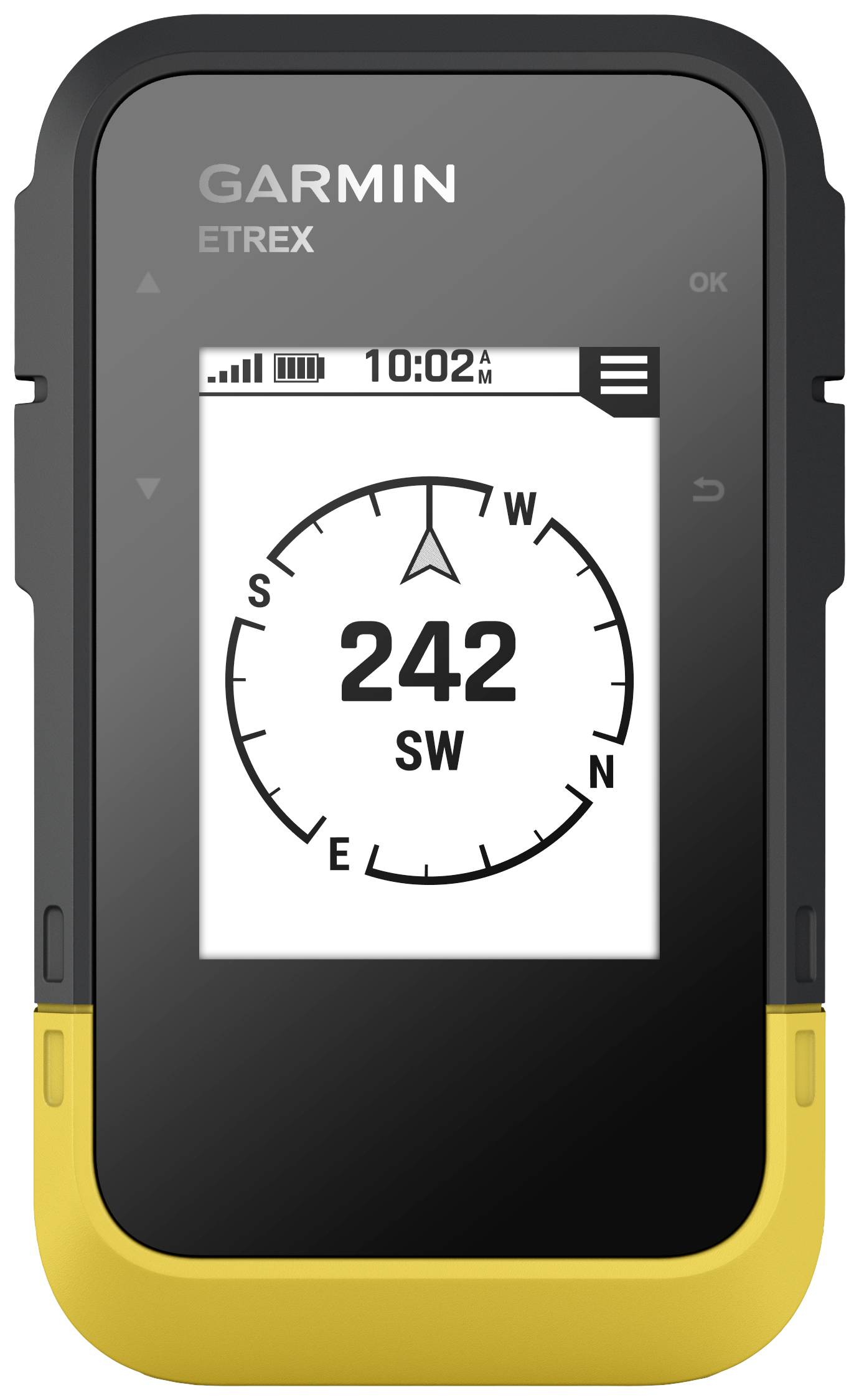 Garmin Etrex GPS-Gerät zeigt einen digitalen Kompass mit der Richtung 242 Grad Südwest und Uhrzeit 10:02 Uhr an.