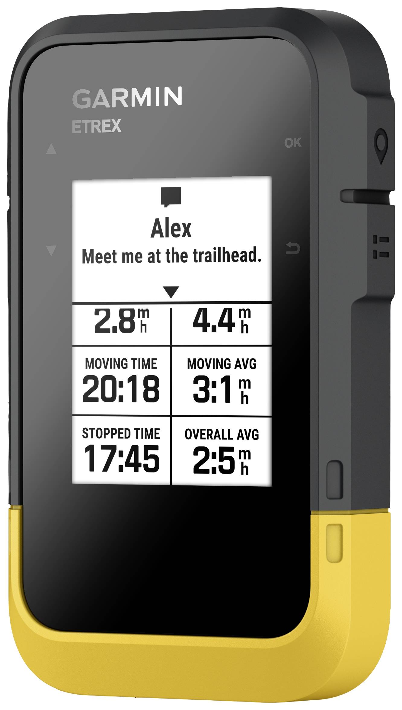 Gelbes GPS-Gerät zeigt Nachricht 'Alex: Meet me at the trailhead.' und Daten wie Gehzeit, Durchschnittsgeschwindigkeit und Gesamtzeit.