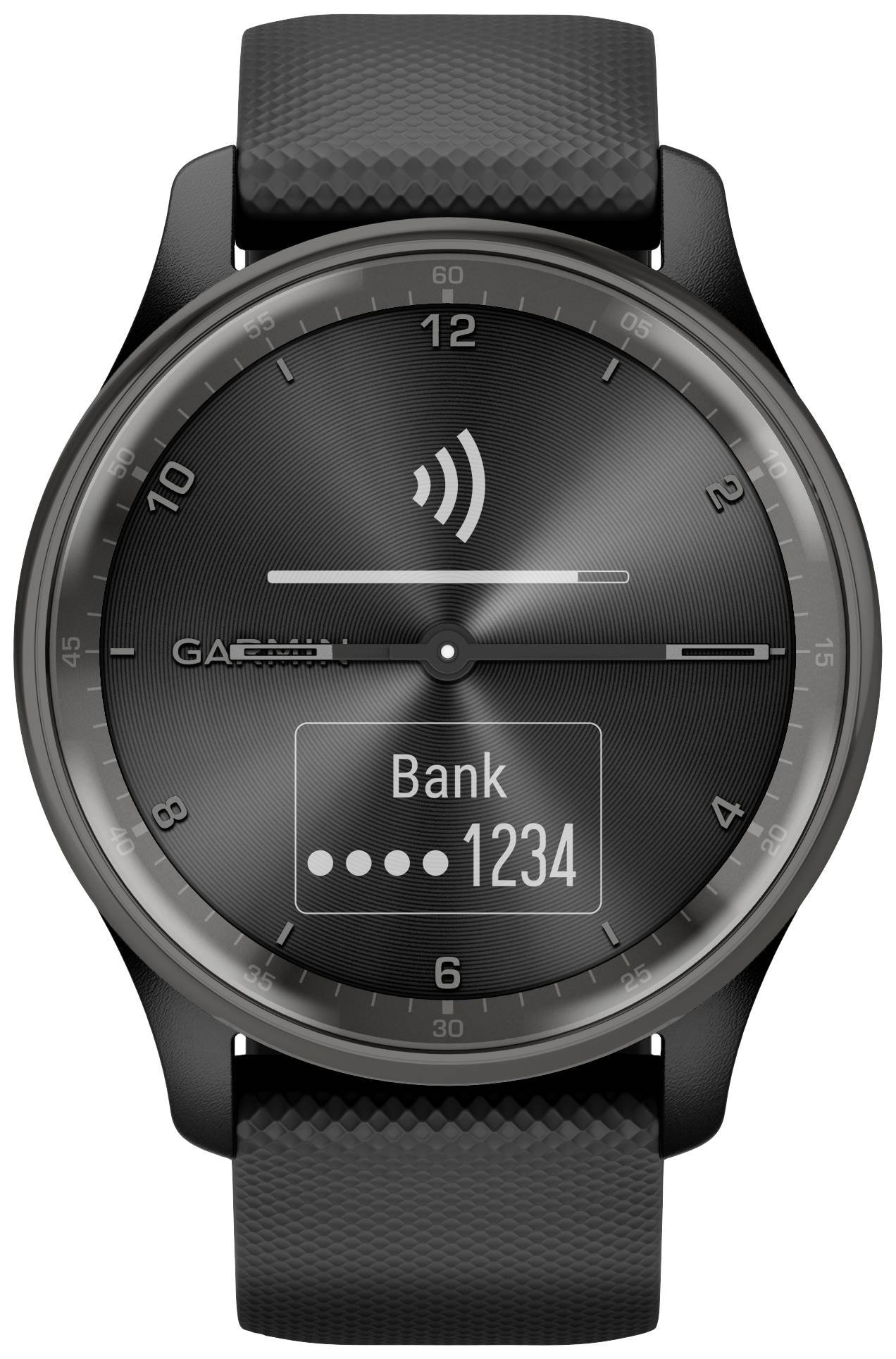 Schwarze Smartwatch mit kontaktloser Zahlungsanzeige. Zeigt 'Bank' und vier Punkte für die PIN-Verschlüsselung.