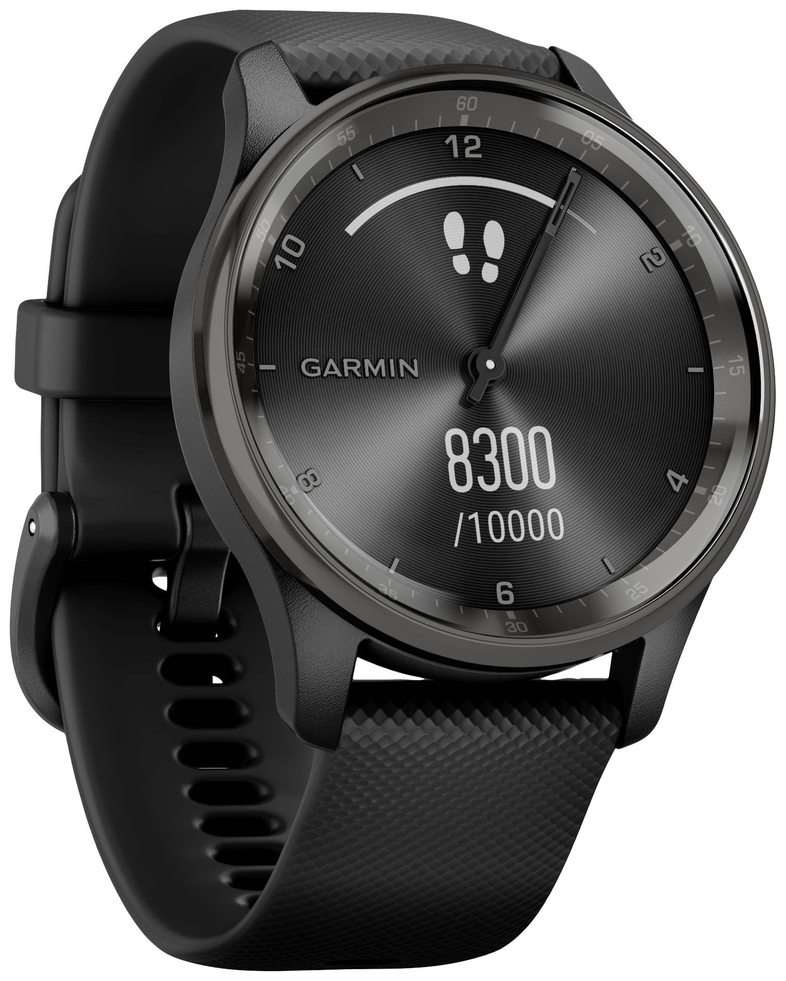 Schwarze Armbanduhr von Garmin mit Schrittzähleranzeige. Der Zähler zeigt 8300 von 10000 Schritten. Fitness-Tracking-Funktion.
