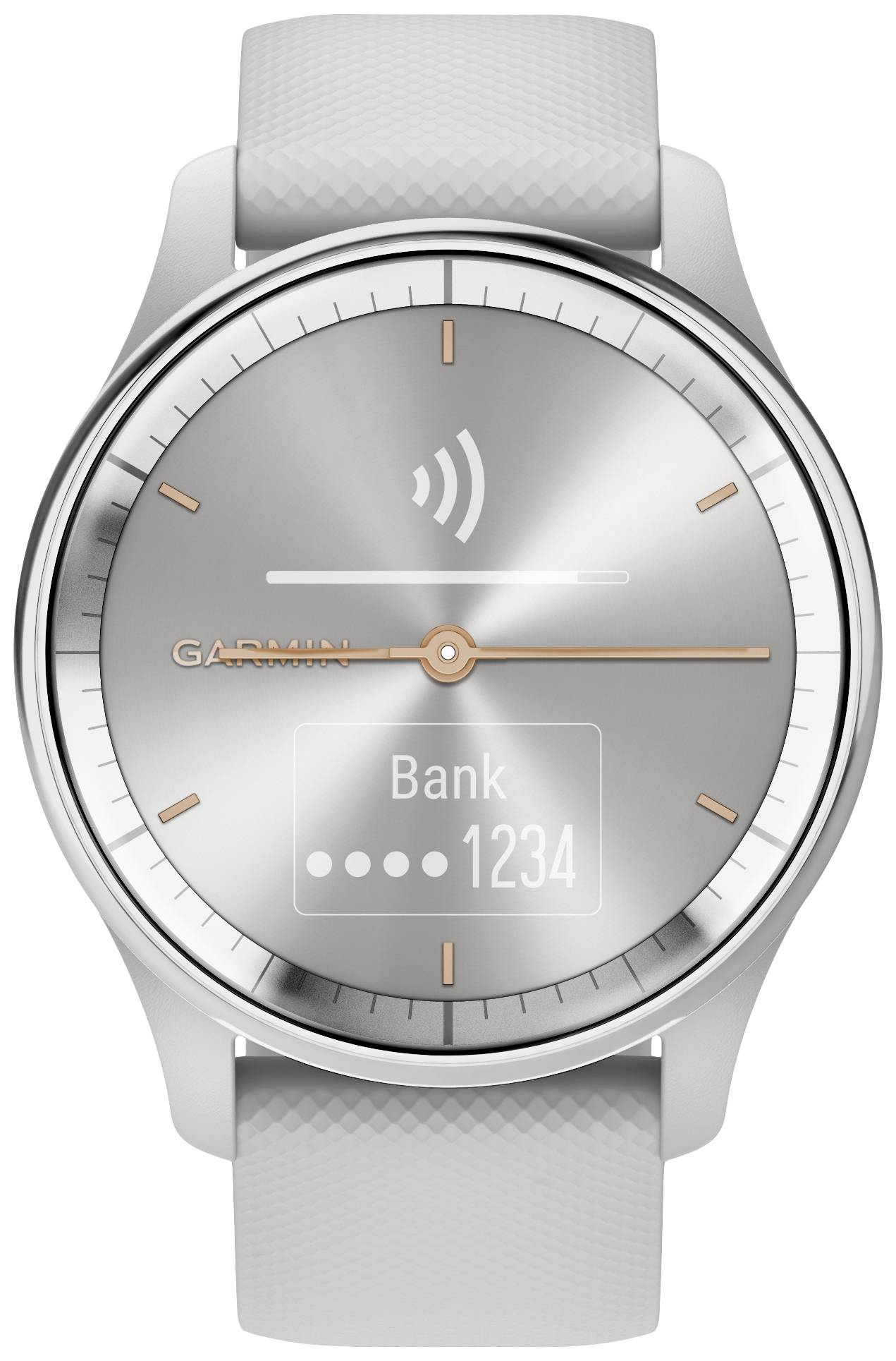 Silberne Armbanduhr mit digitalem Display, zeigt 'Bank 1234' und ein kontaktloses Zahlungssymbol.