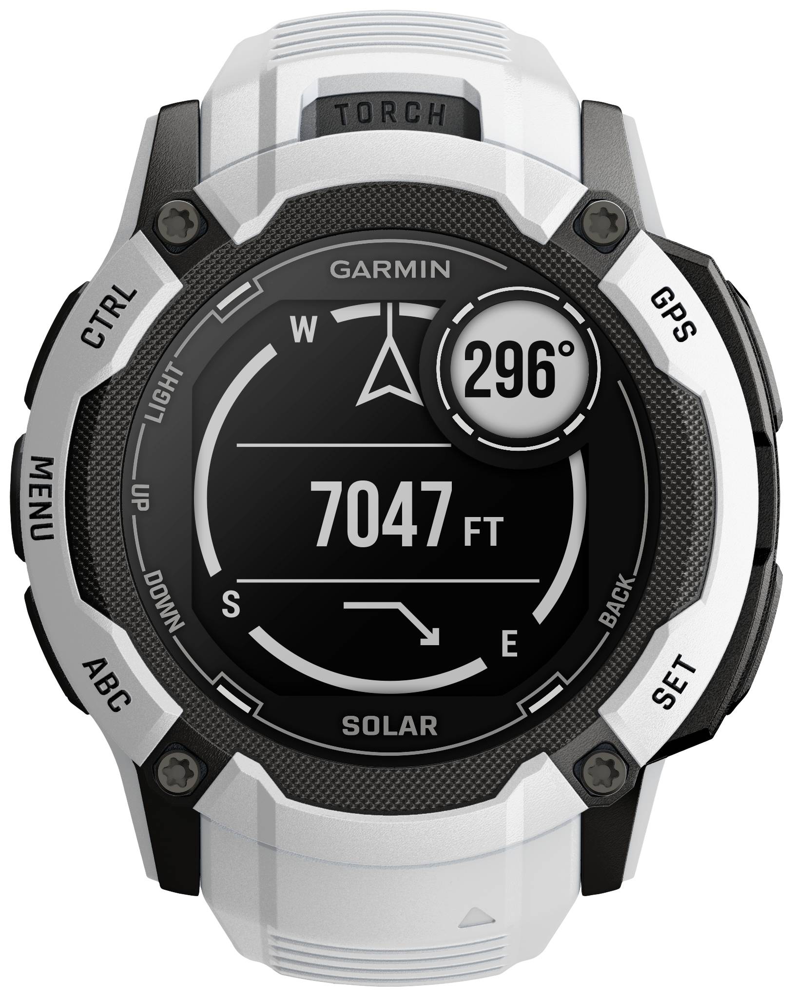 Eine weiße GPS-Uhr mit rundem Bildschirm zeigt eine Höhenanzeige von '7047 FT' und einen Kompass mit '296°' an.