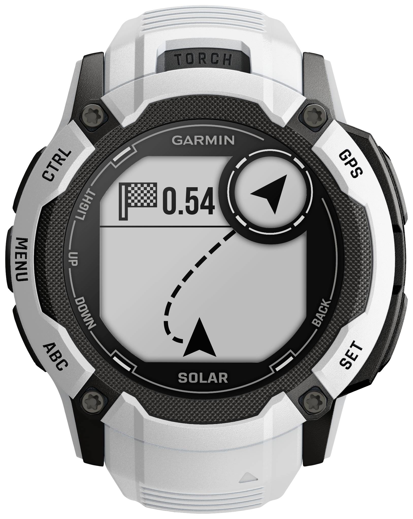Digitaluhr zeigt GPS-Navigation mit Pfeilrichtung und Entfernung von 0,54 zu einem Ziel. Funktionen: Menü, Licht, Solar.