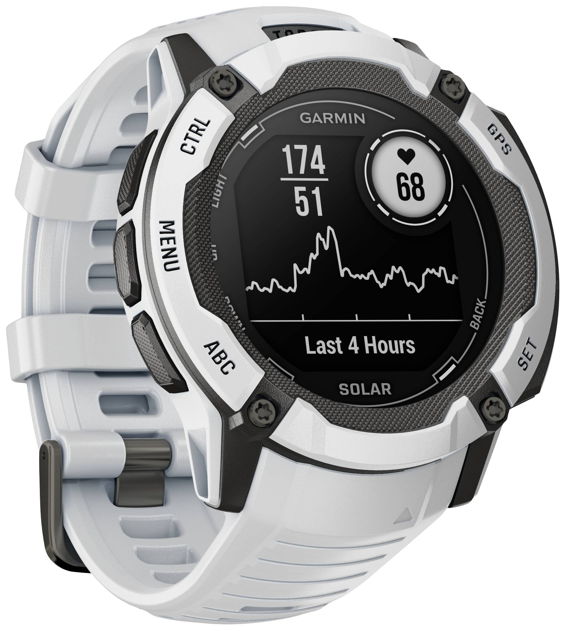 Eine weiße Sport-Smartwatch mit rundem Display zeigt Herzfrequenzdaten, den aktuellen Puls von 68 sowie eine Grafik der letzten vier Stunden.