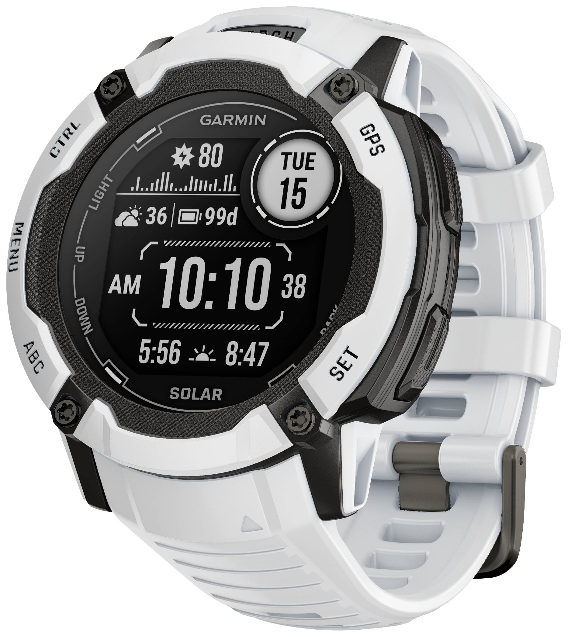 Eine weiße Smartwatch mit rundem Zifferblatt zeigt Datum, Uhrzeit, Wetter und Akkuladestand an. Marke ist auf dem Display sichtbar.