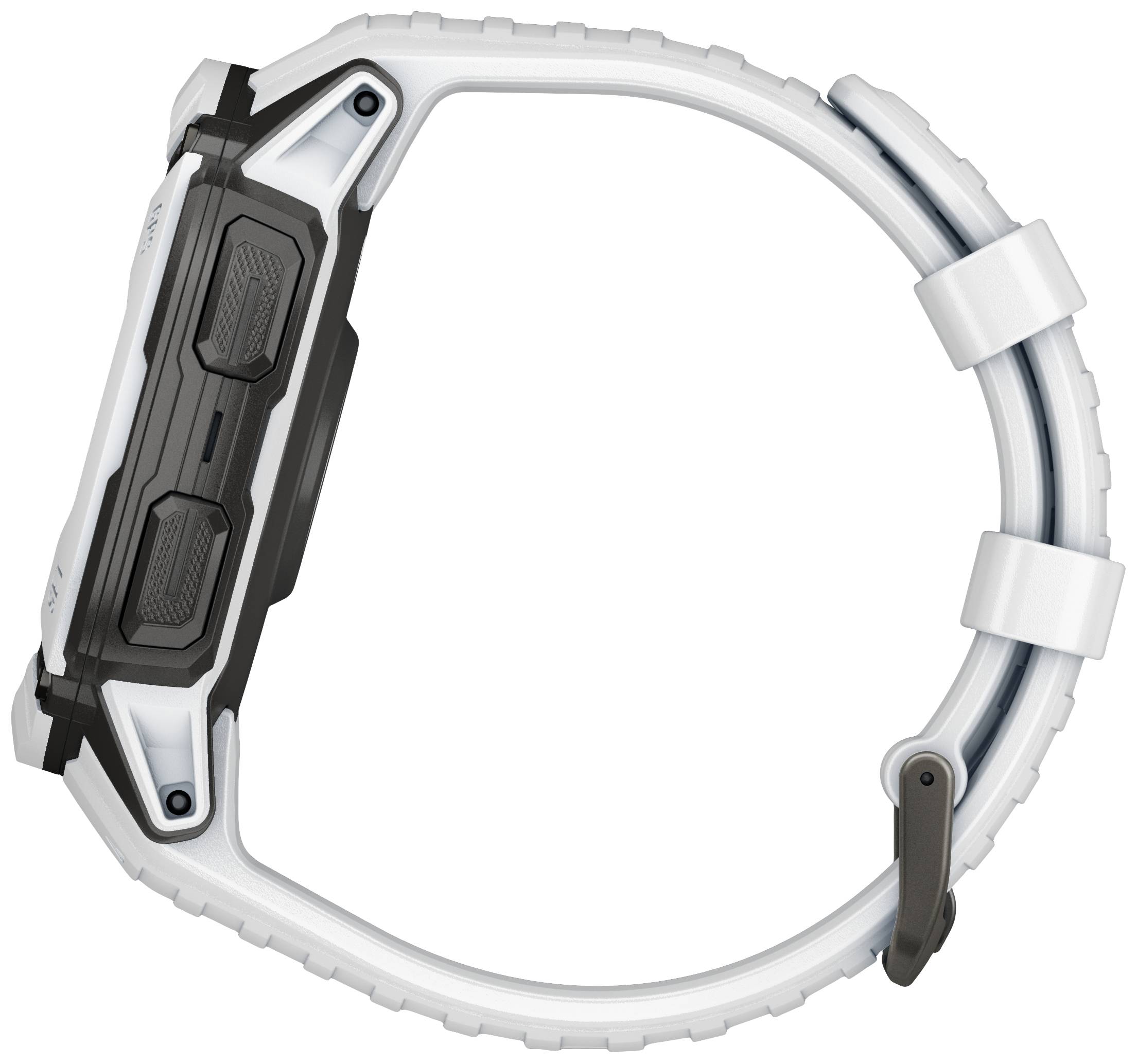 Ansicht einer Smartwatch von der Seite, silber-weiß mit schwarzem Gehäuse, Fokus auf das Banddesign und Gehäuseprofil.