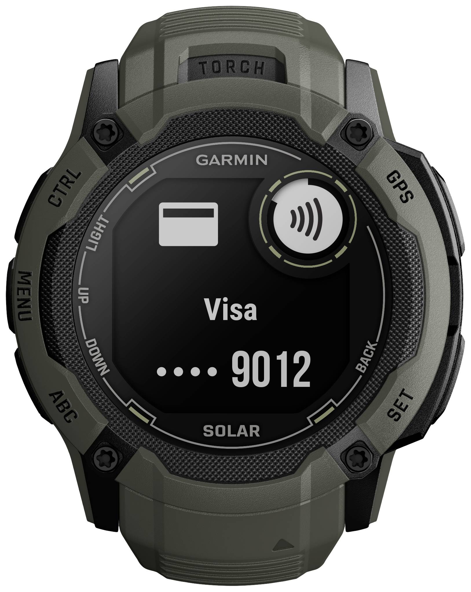 Eine robuste GPS-Smartwatch mit solarbetriebener Anzeige zeigt eine kontaktlose Zahlung mit 'Visa' an.