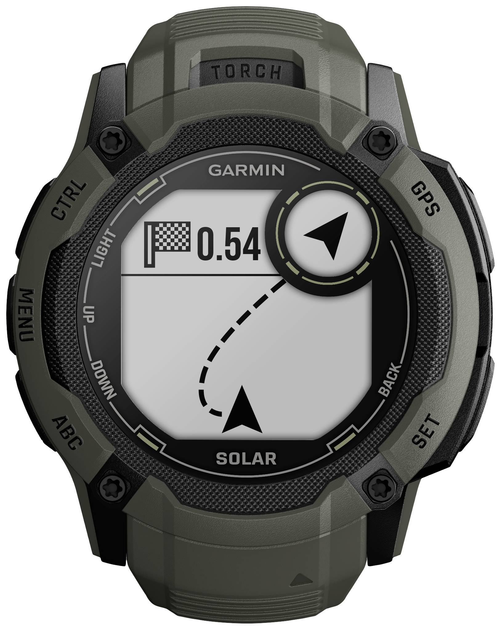 Eine digitale Outdoor-Uhr zeigt auf dem Display einen Navigationspfeil, der zu einer Zielflagge führt. Entfernung: 0,54.