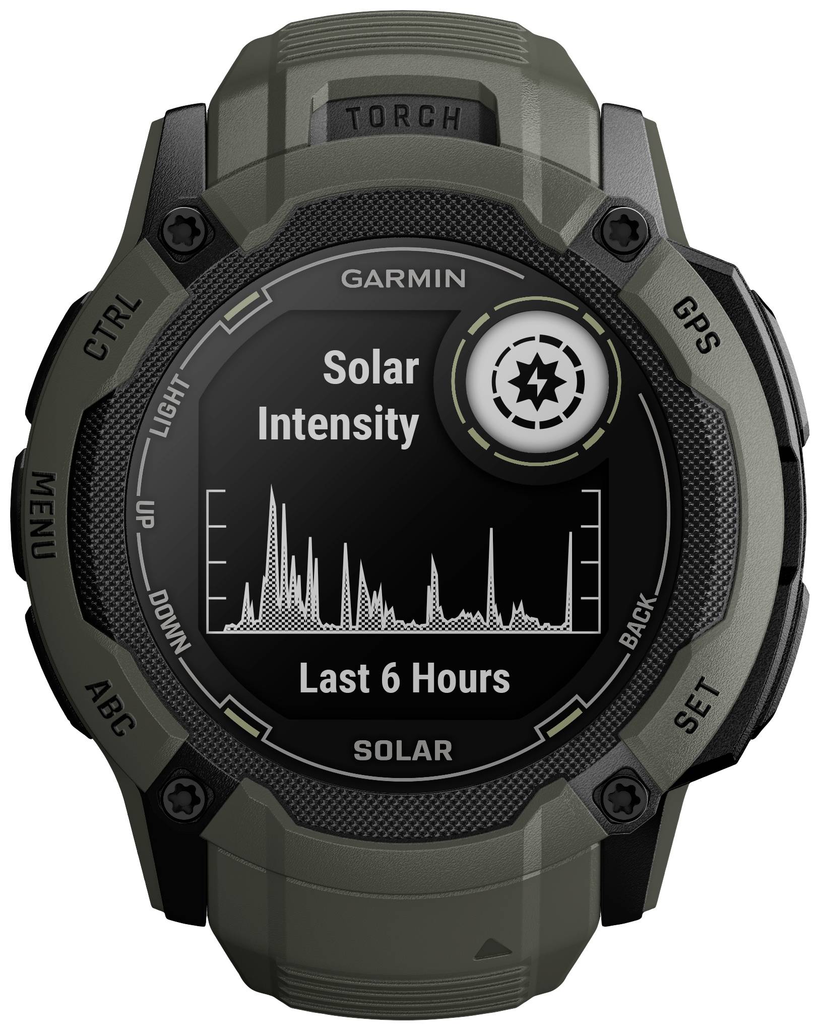 Smartwatch zeigt Graph der Sonnenintensität der letzten 6 Stunden. Oben steht 'Solar Intensity', unten 'Last 6 Hours'.