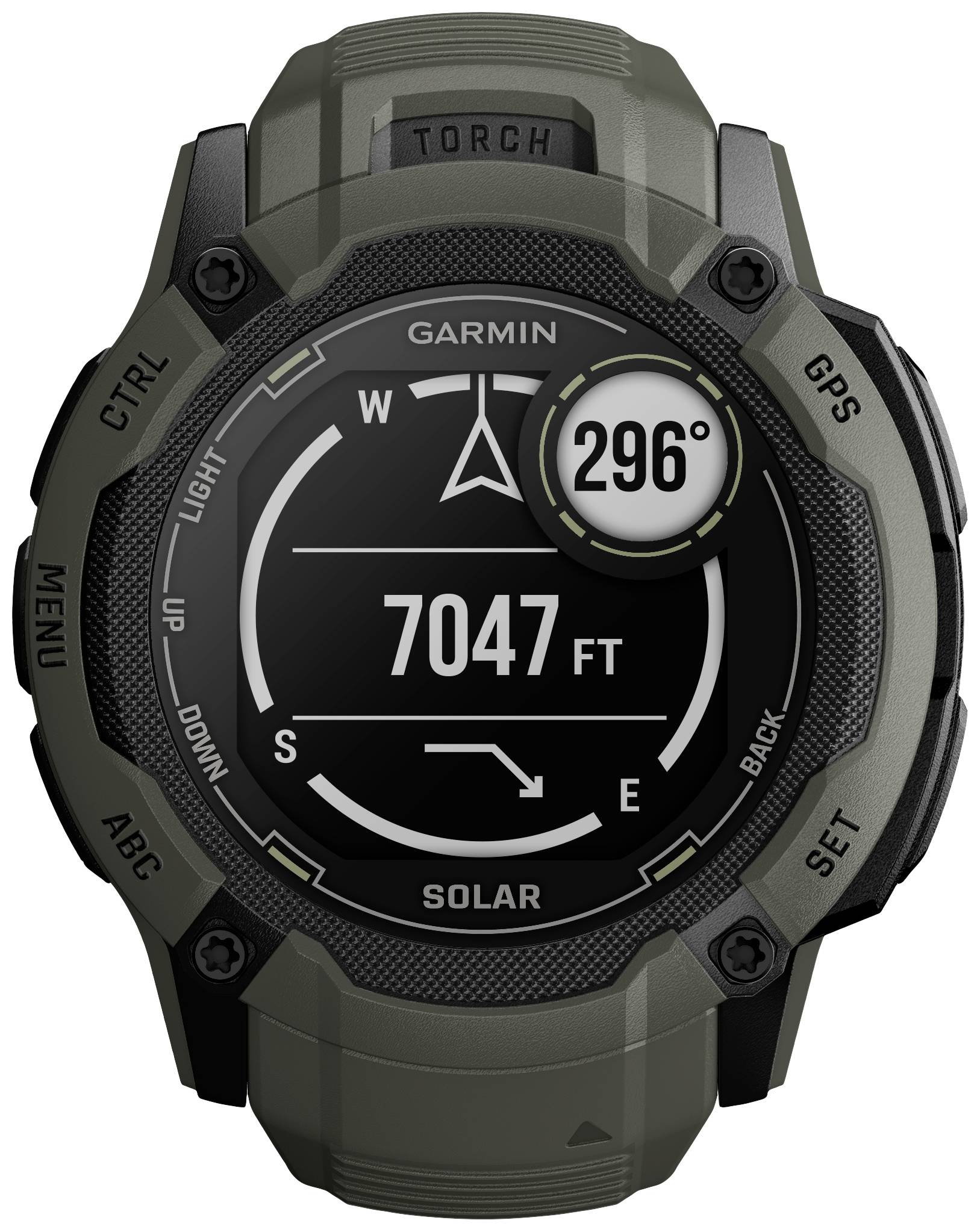Eine robuste Outdoor-Uhr mit Kompassanzeige. Der Bildschirm zeigt '7047 FT' für die Höhe und '296°' für die Himmelsrichtung an.