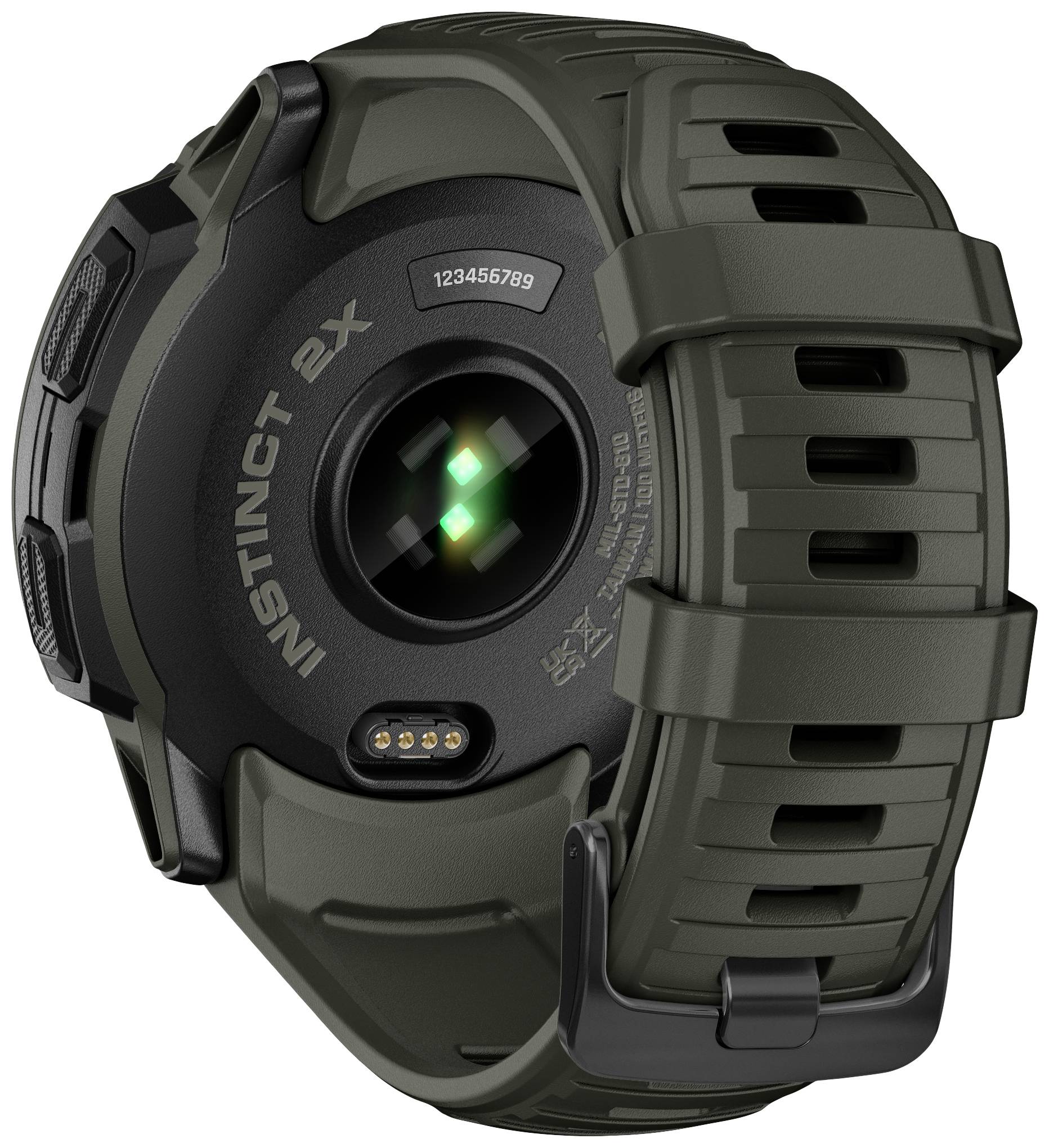 Rückansicht einer robusten, schwarzen Smartwatch mit grünem Sensorlicht und massivem Armband. Modellaufdruck 'INSTINCT 2X'.