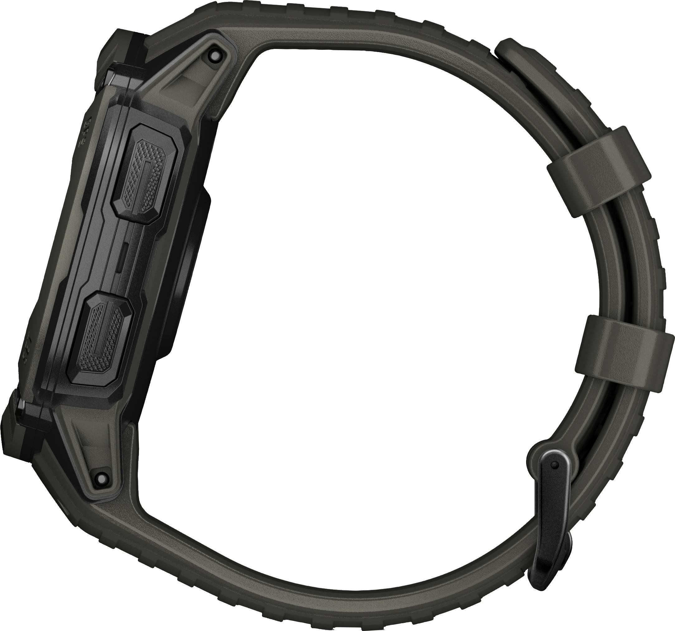 Eine schwarze Digitaluhr mit robustem Design und dicken Knöpfen, seitlich von oben gesehen. Die Uhr hat ein strapazierfähiges Armband.