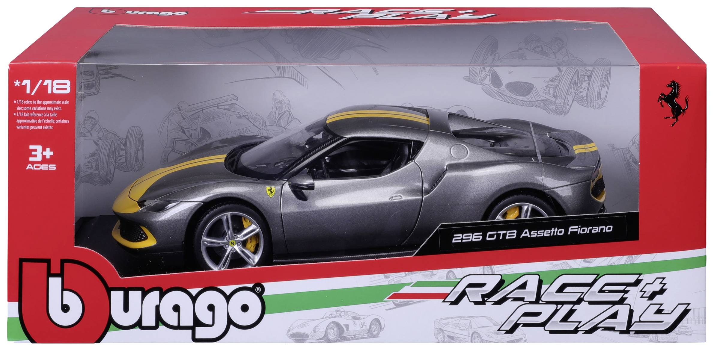 Bburago Ferrari R&P 296GTB Assetto Fiorano, grau/gelb 1:18 Modellauto