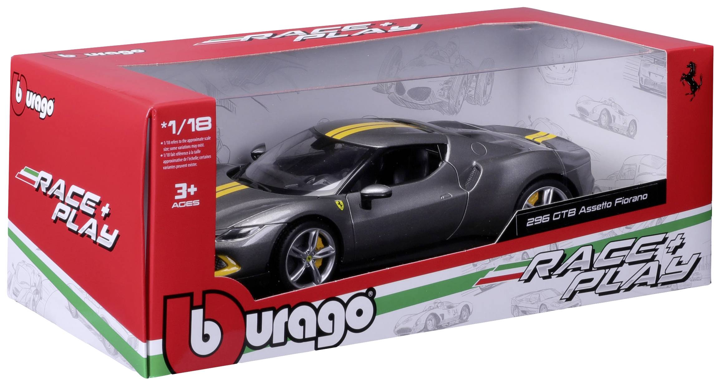 Bburago Ferrari R&P 296GTB Assetto Fiorano, grau/gelb 1:18 Modellauto