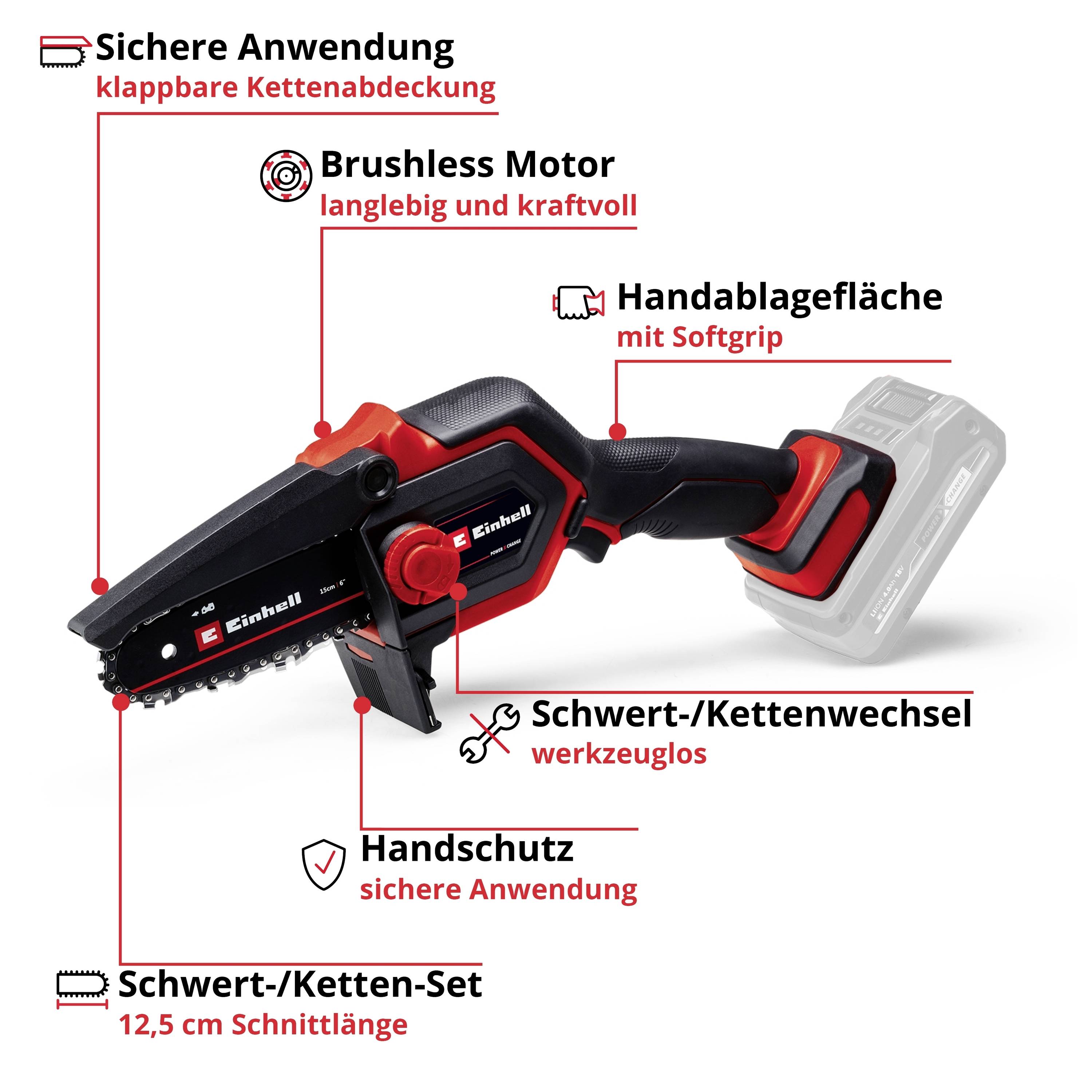 Einhell GE-PS 18/15 Li BL-Solo Power X-Change Akku Akku-Kettensäge ohne Akku, ohne Ladegerät Schwertlänge 158 mm