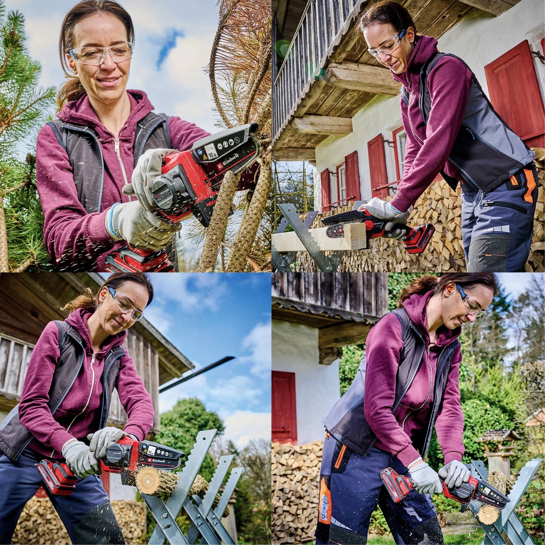 Frau in Schutzbrille und Arbeitskleidung schneidet draußen mit einer Motorsäge Holz. Im Hintergrund Hausfassade mit Fenstern.