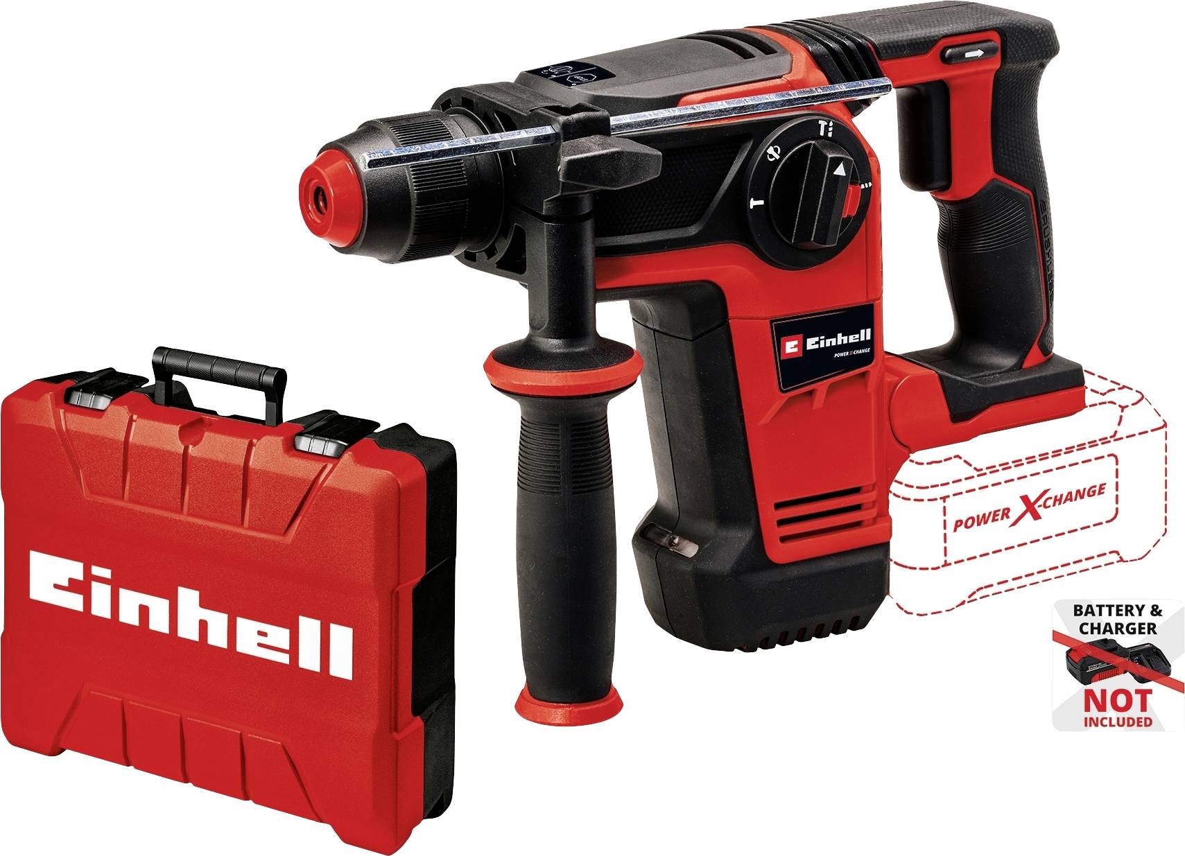 Das Bild zeigt einen roten Einhell Bohrhammer neben einem Tragekoffer. Text auf dem Koffer: 'Einhell'. Text auf der Bohrhammer-Seite: 'Power X-Change'.