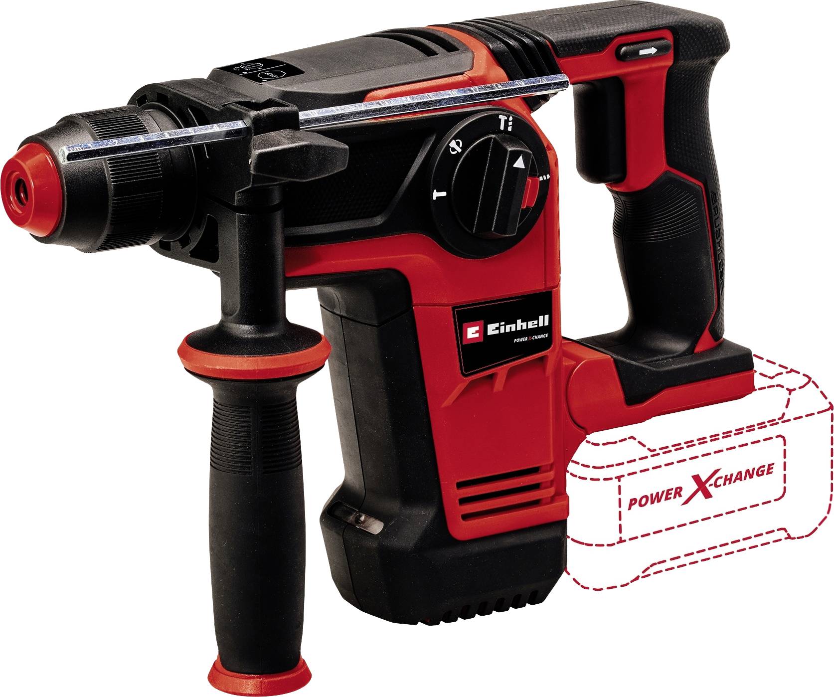 'Akkubohrhammer Einhell' in Rot und Schwarz mit Griff und Bohrmechanismus, kompatibel mit 'Power X-Change' Akkusystem.