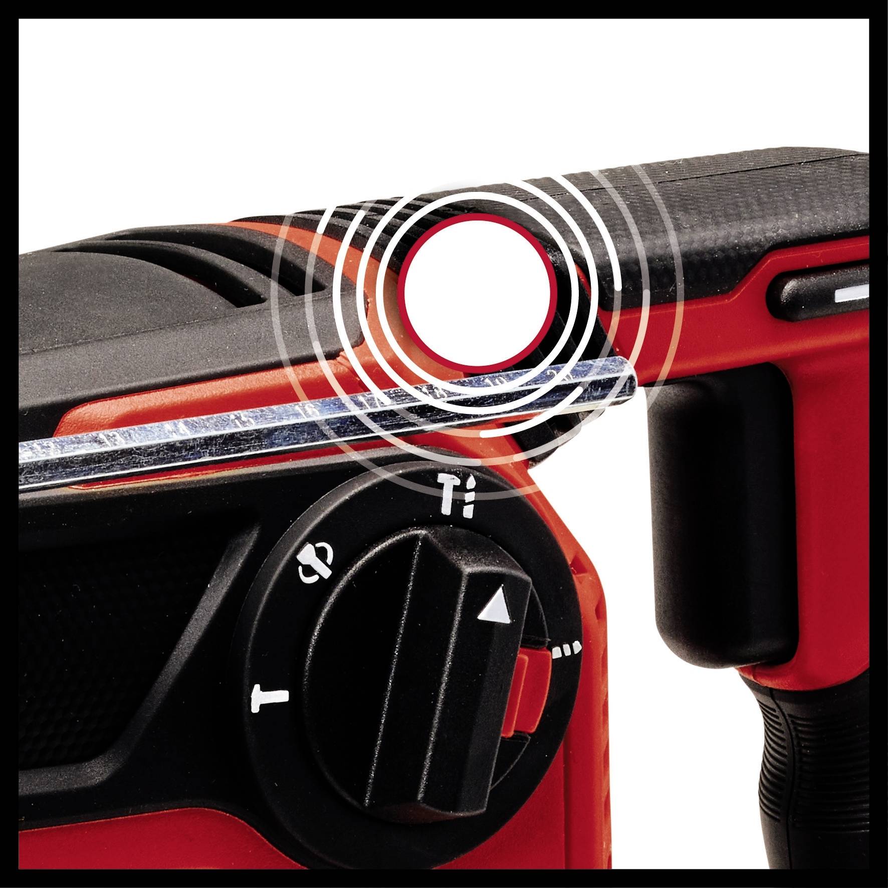 Ein rotes und schwarzes Elektrogerät mit einem Drehknopf und einem hervorgehobenen Schallwellensymbol.