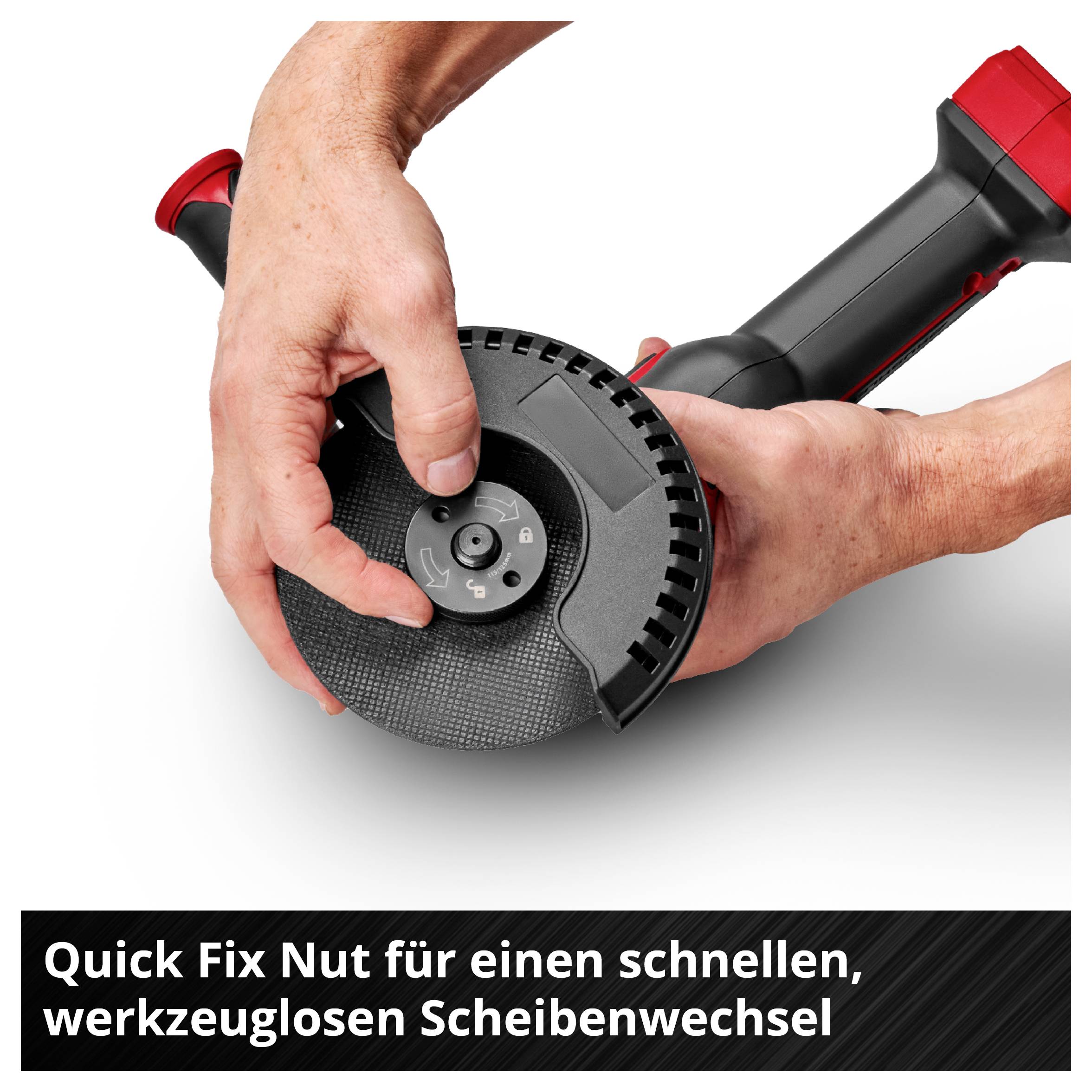 Hände lösen die Quick-Fix-Mutter an einem Winkelschleifer für werkzeuglosen Scheibenwechsel; darunter steht derselbe Hinweistext.