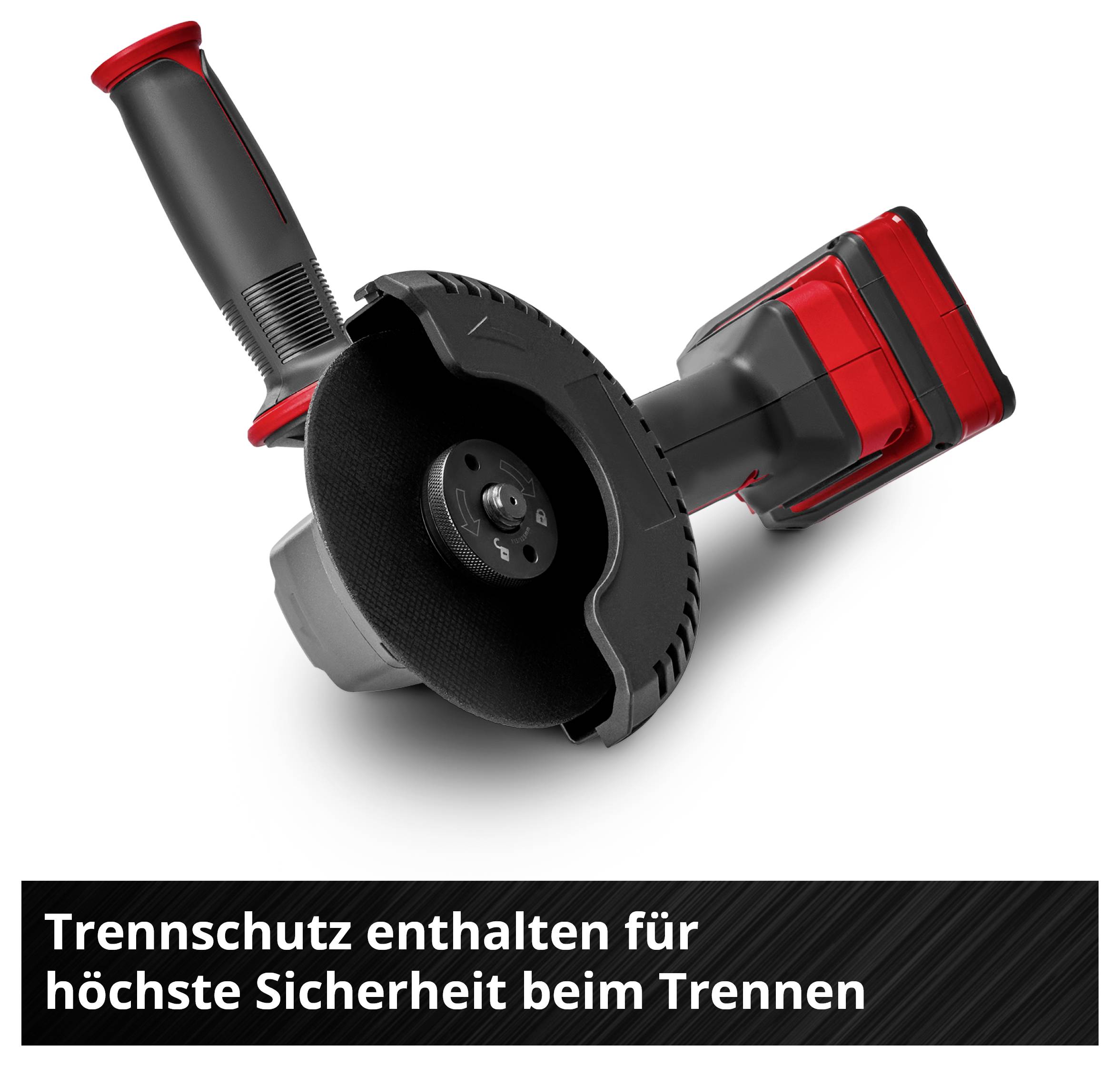 Winkelschleifer mit Trennschutzaufsatz; darunter der Text 'Trennschutz enthalten für höchste Sicherheit beim Trennen'.