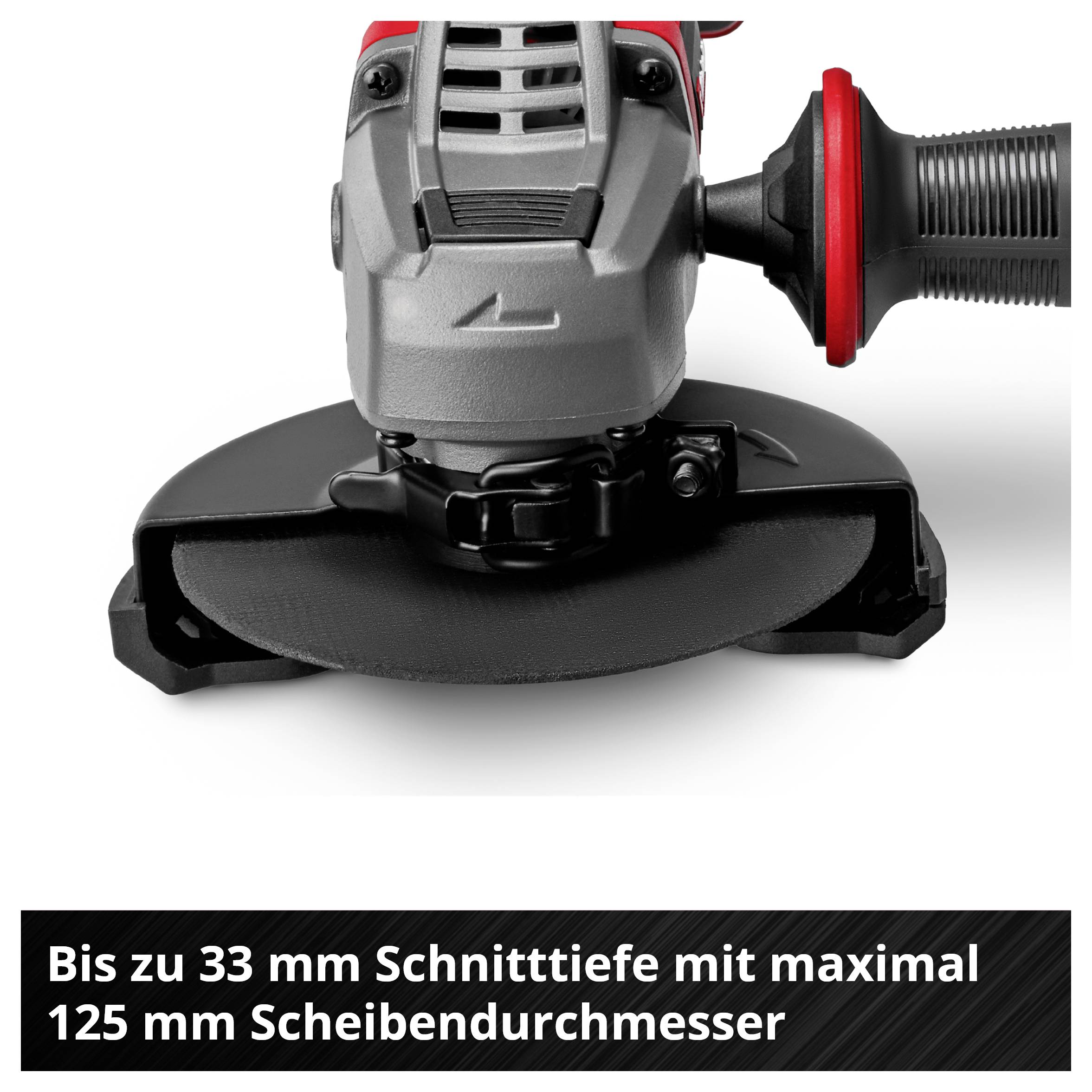 Winkelschleifer mit Schutzhaube und Zusatzgriff; Text: 'Bis zu 33 mm Schnitttiefe mit maximal 125 mm Scheibendurchmesser'