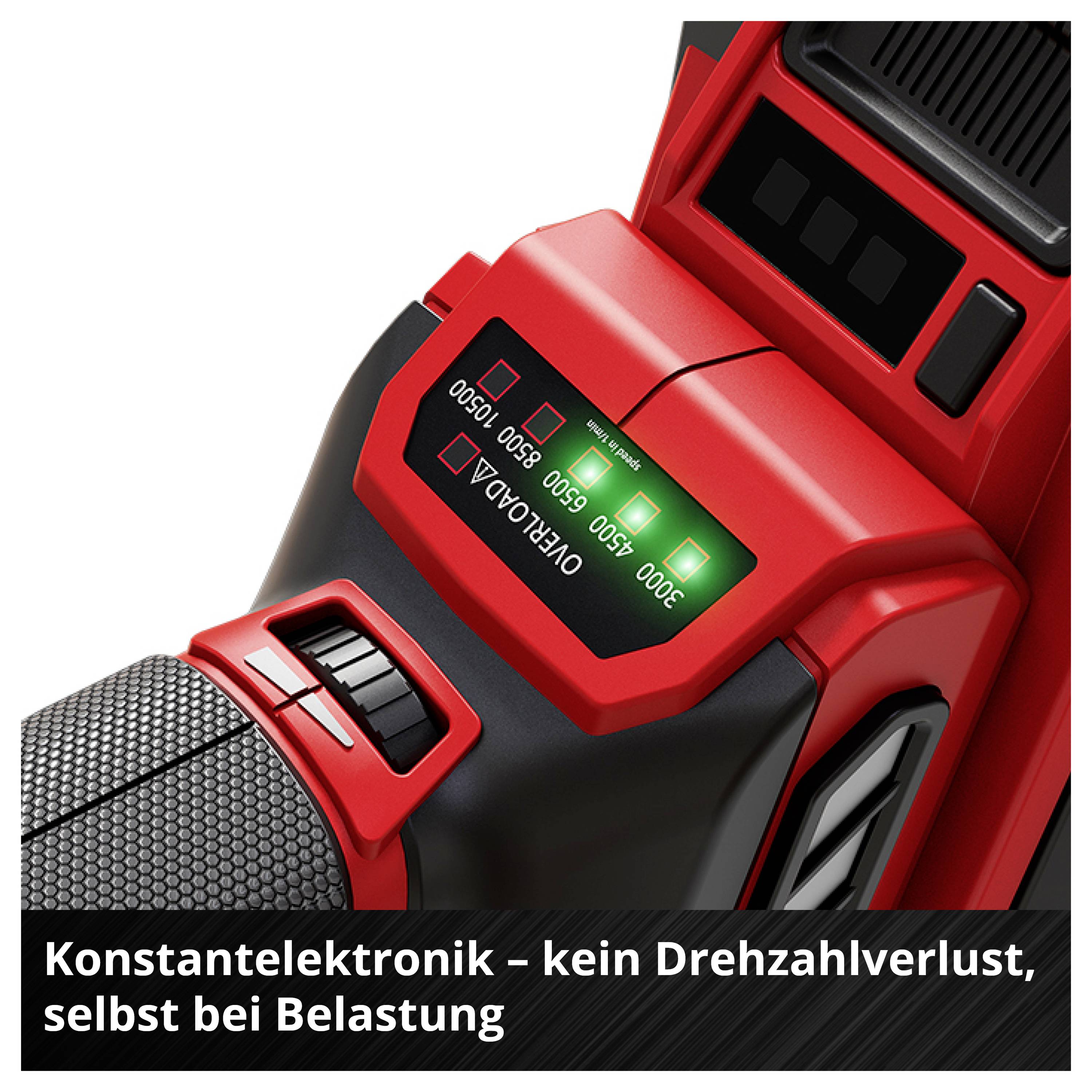 Roter Akku-Bohrschrauber mit Anzeige 'Konstantelektronik – kein Drehzahlverlust, selbst bei Belastung', die konstante Leistung signalisiert.