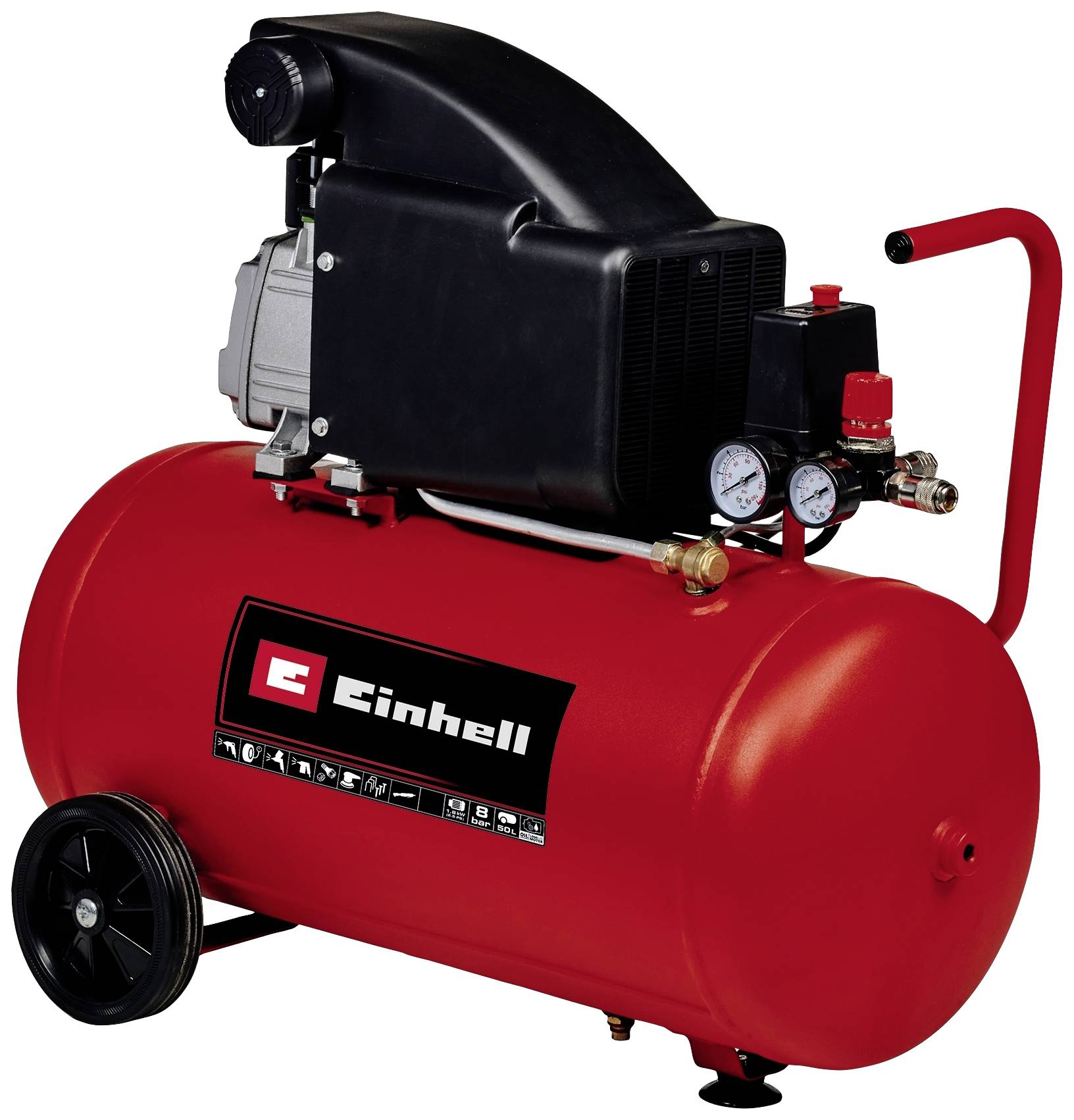Ein roter Luftkompressor mit zwei Manometern und schwarzem Motor. Logo 'Einhell' auf dem Tank. Geeignet zur Werkstatt- oder Heimnutzung.