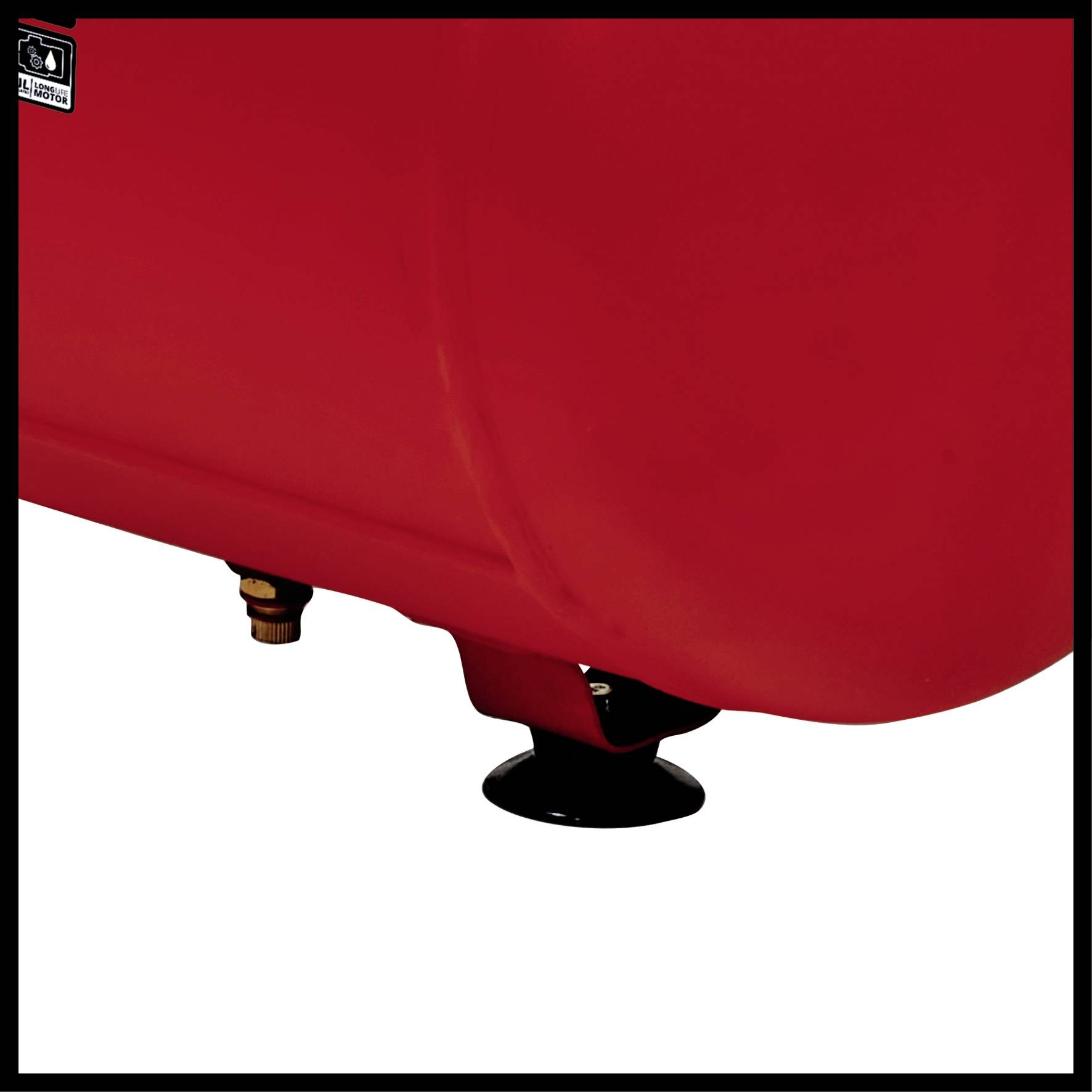 Rotes Metallobjekt mit schwarzem Standfuß und goldfarbenem Anschluss. Wahrscheinlich Teil einer Maschine oder eines Geräts.