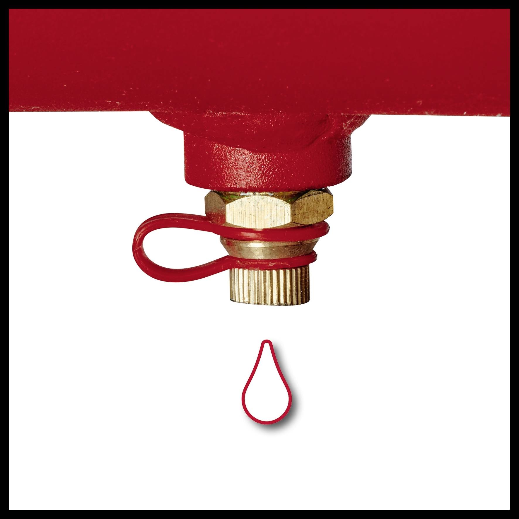 Ein rotes Ventil mit einer Schlaufe und einem Wassertropfen, der herunterfällt.