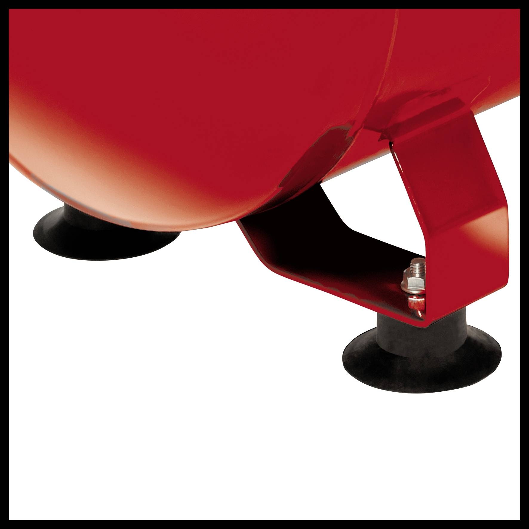 Ein roter Metallbehälter steht auf zwei schwarzen Gummifüßen. Die Halterung ist robust und fest mit dem Boden verbunden, was Stabilität bietet.