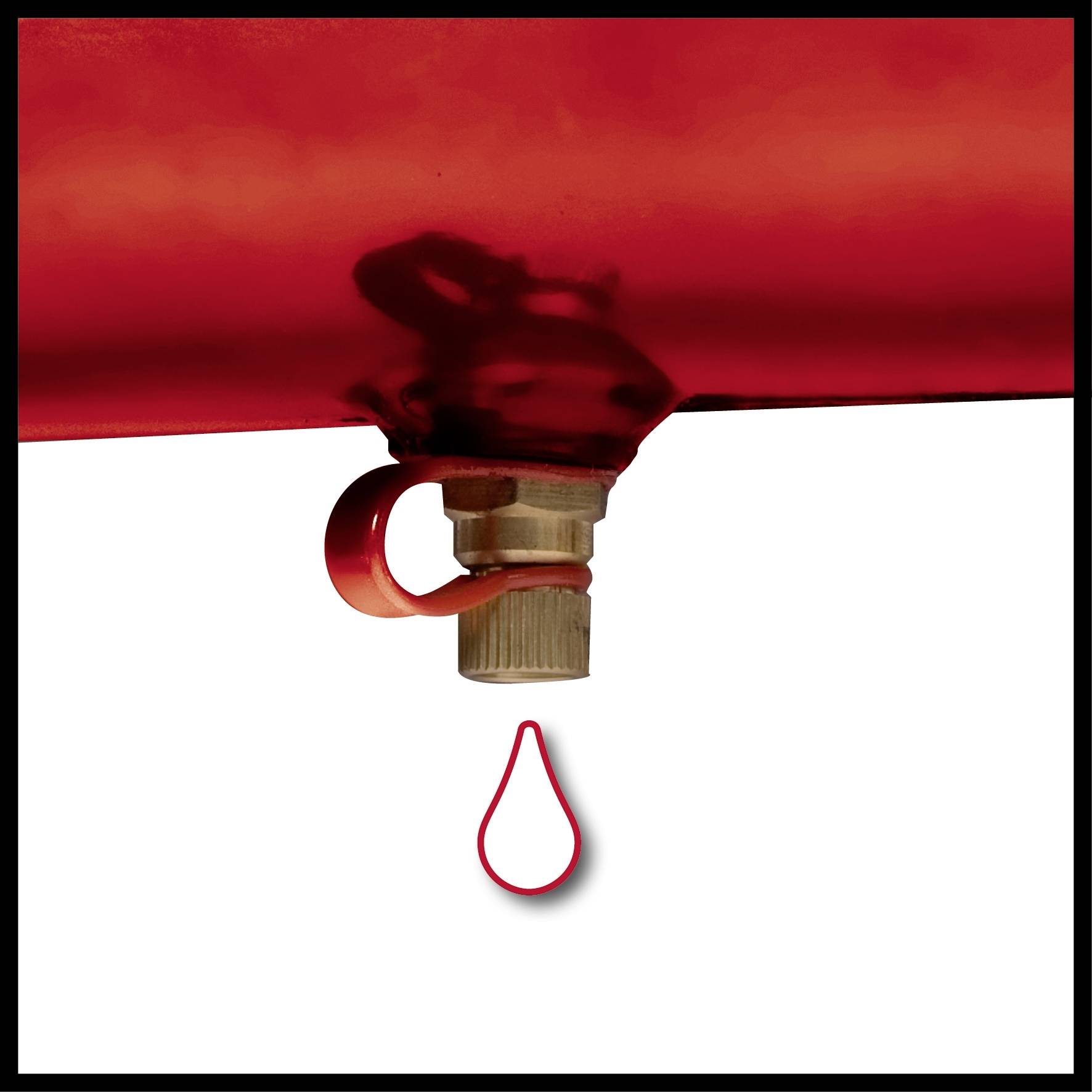 Ein Wasserhahn tropft eine einzige rote Tropfen auf weißen Hintergrund.