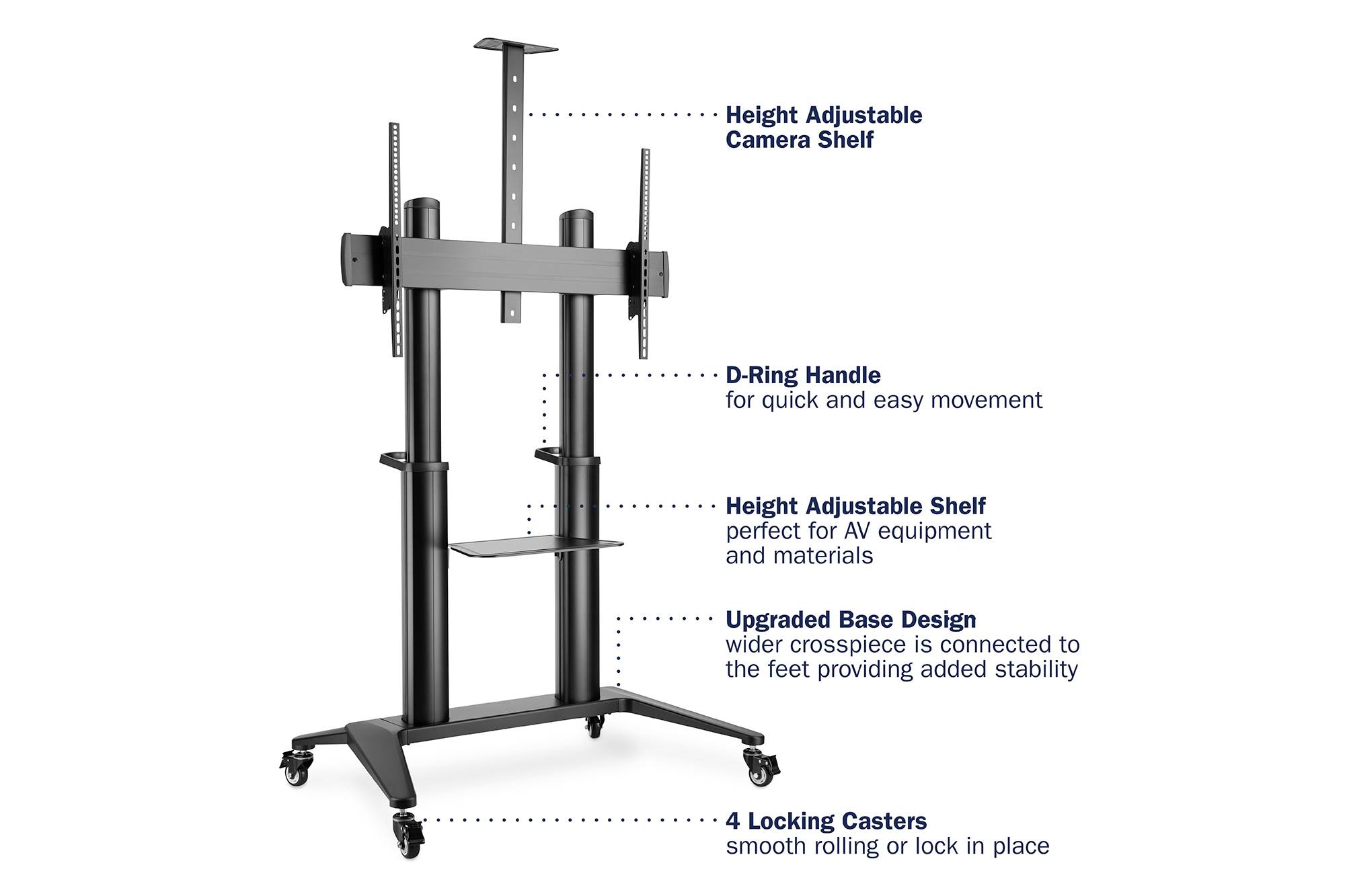 Höhenverstellbarer TV-Wagen mit Kameraablage, D-Ring-Griff für einfache Bewegung, höhenverstellbares Regal, stabilisierende Basis, 4 Feststellrollen.