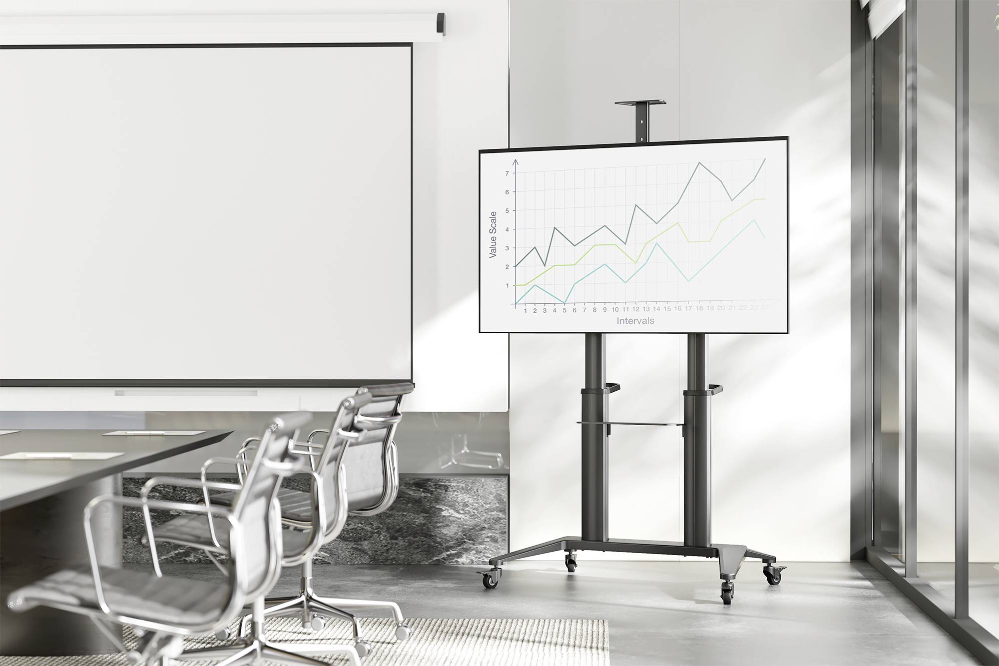 Moderner Konferenzraum mit Grafik auf Bildschirm, zeigt steigende Verkaufszahlen in einem Diagramm, drei leere Stühle davor.