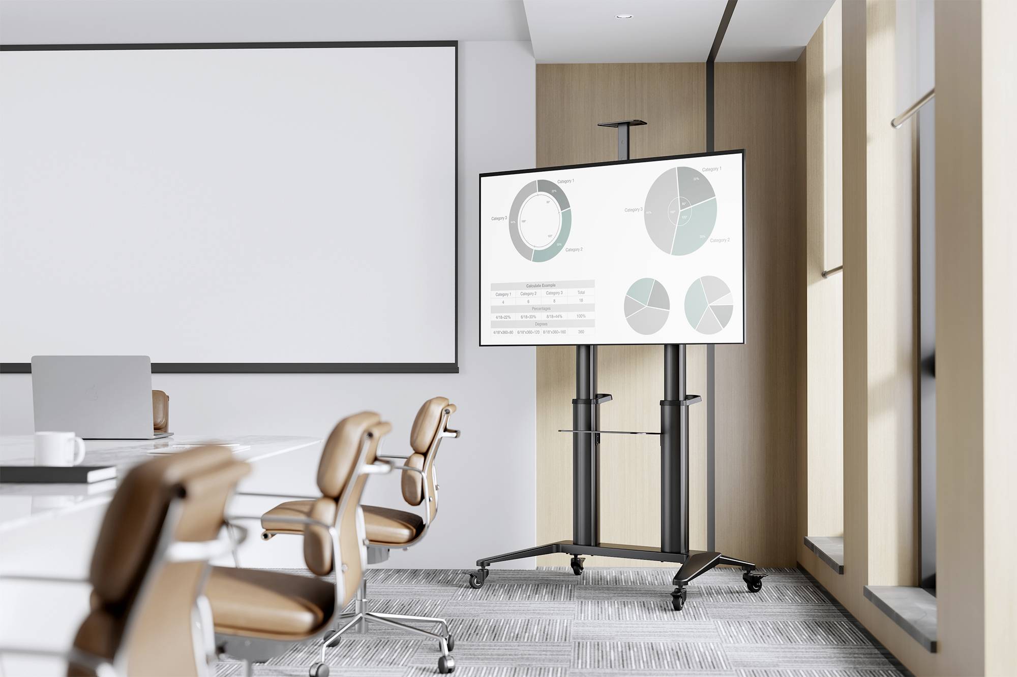Moderner Konferenzraum mit Stühlen und großem Bildschirm, der mehrere Kreisdiagramme zeigt. Diagramme präsentieren statistische Daten.