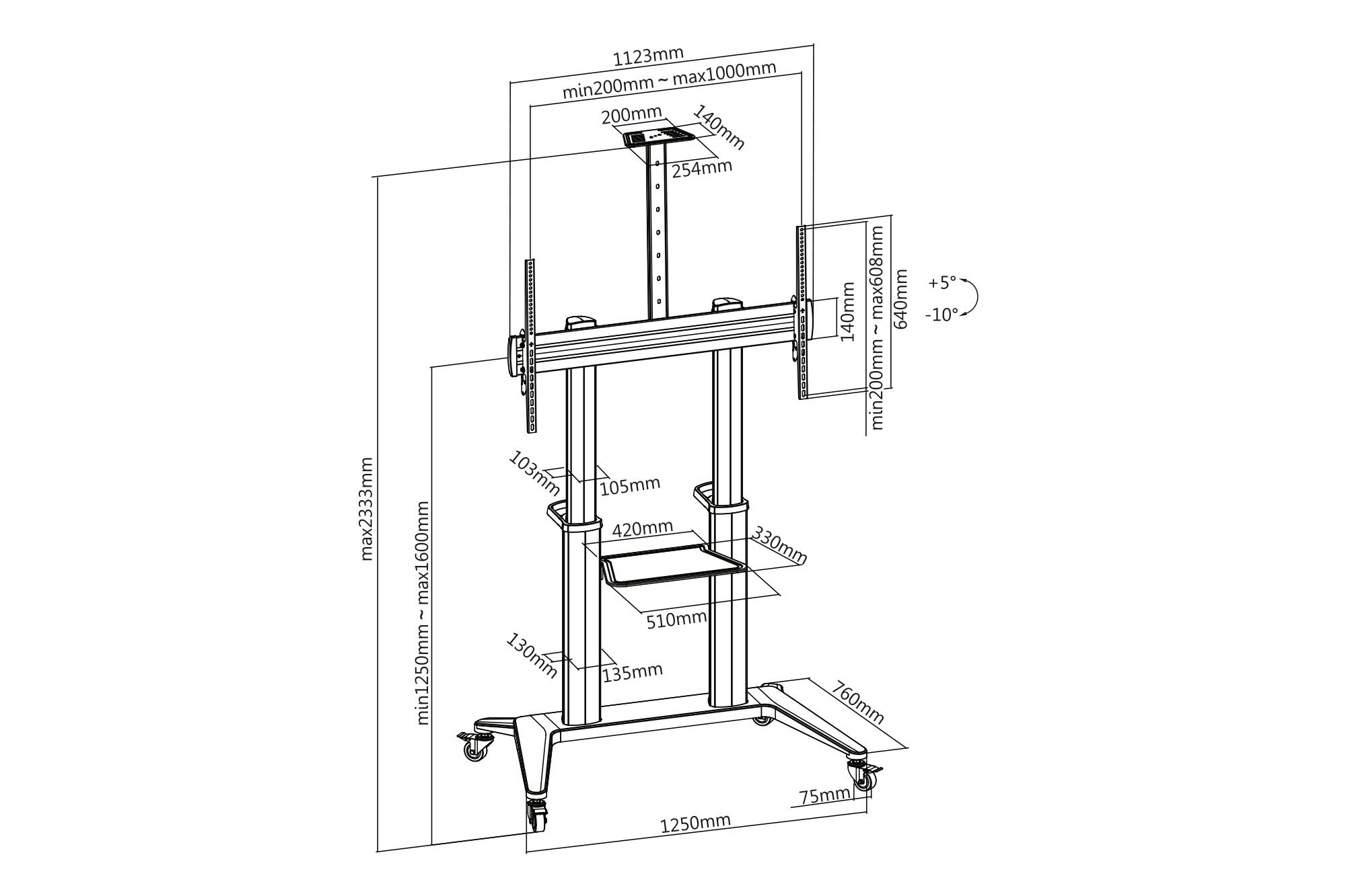 Rollständer für Fernsehbildschirme mit verstellbarer Höhe, Schwenkmechanismus bis zu 5 Grad und integrierten Ablageflächen. Maße und Abstände detailliert dargestellt.