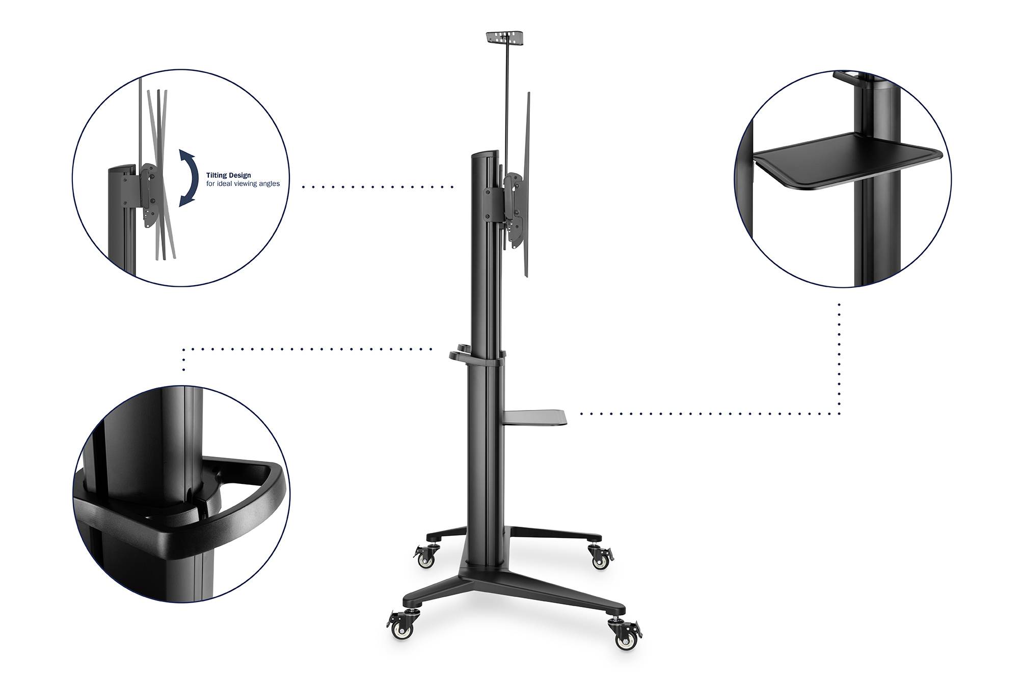 Ein höhenverstellbarer schwarzer Standfuß auf Rollen, mit Halterungen und Ablagen. Eignet sich für Bildschirme und technische Geräte.