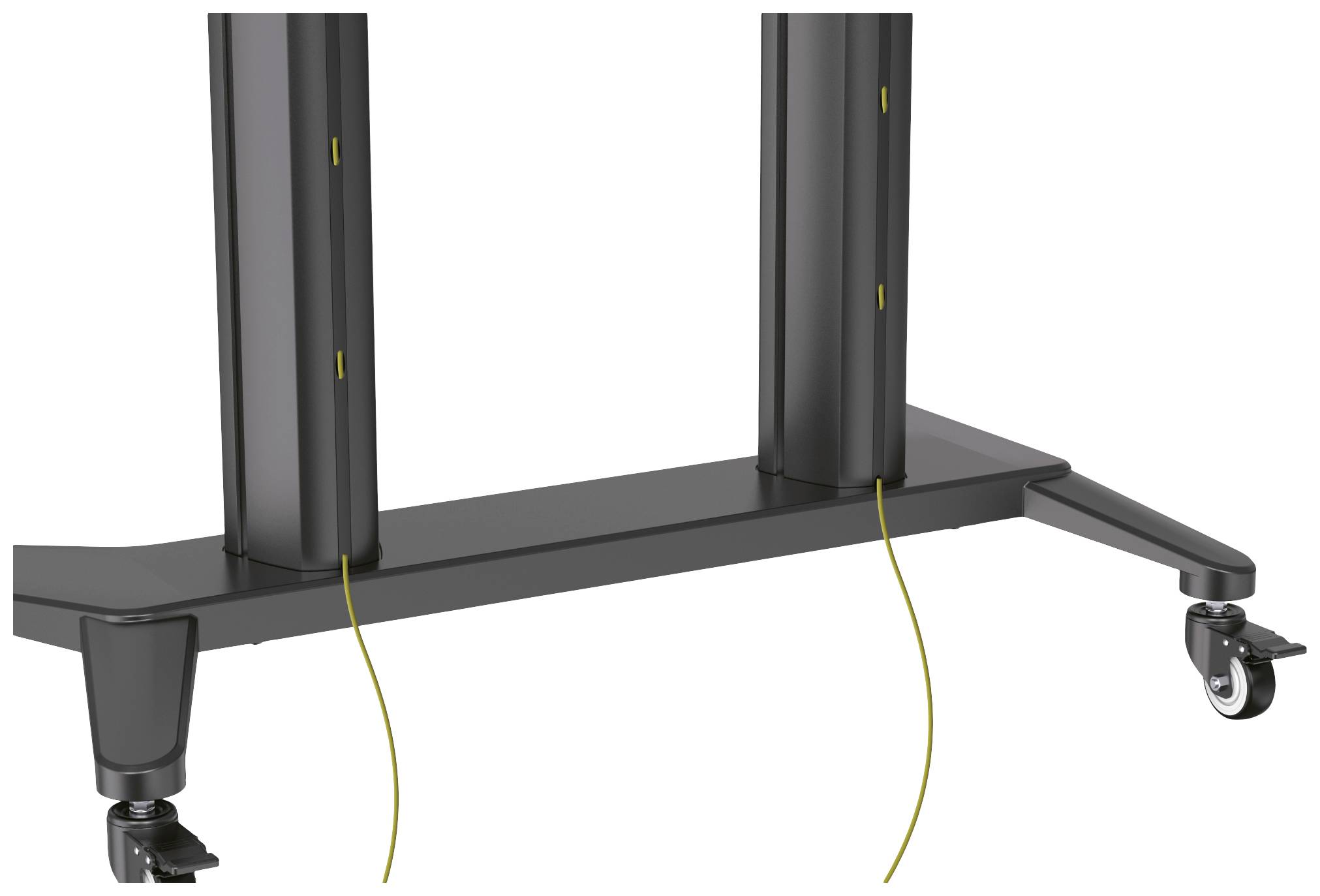Fuß eines mobilen TV-Stands mit Rädern, zeigt die Kabelverwaltung an den Säulen.