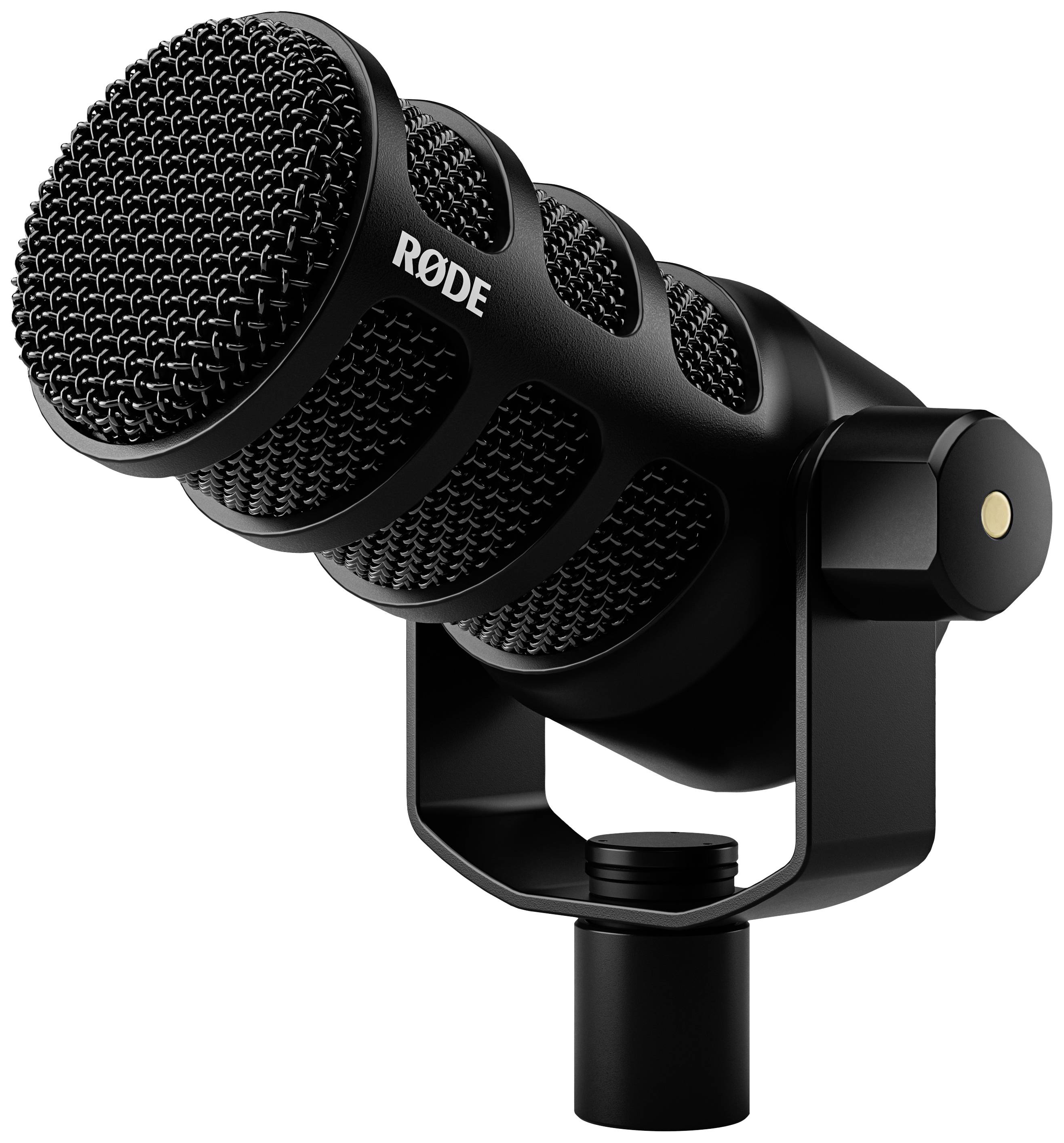 Ein schwarzes Mikrofon mit robustem Design und integriertem Ständer, geeignet für Studiotonaufnahmen.