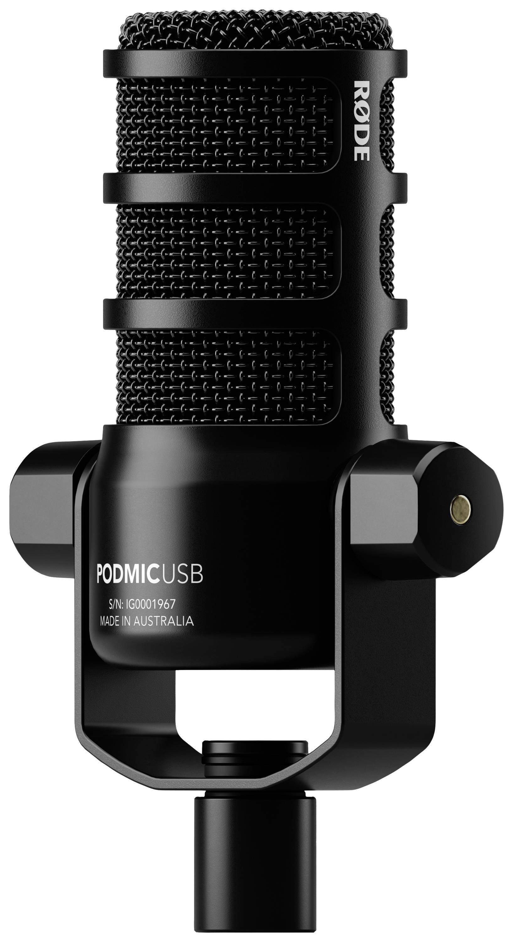 'RØDE PodMic USB' Mikrofon in Schwarz, geeignet für Podcast-Aufnahmen. Stabiler Metallkörper mit integriertem Schwenkhalter.