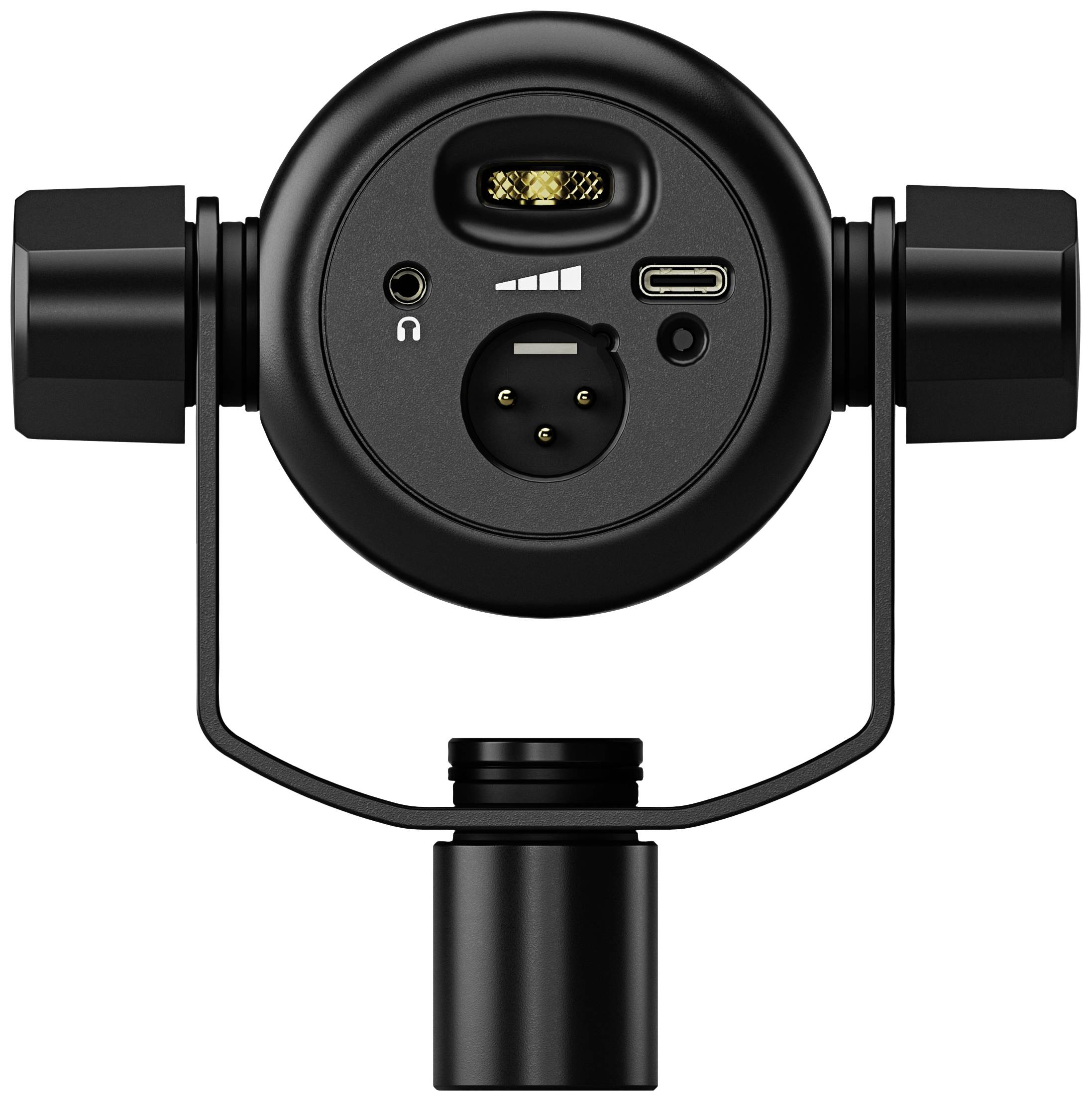 Runder Mikrofonanschluss mit mehreren Schnittstellen und Anschlüssen, einschließlich USB-C, Kopfhörer- und Audiobuchse.