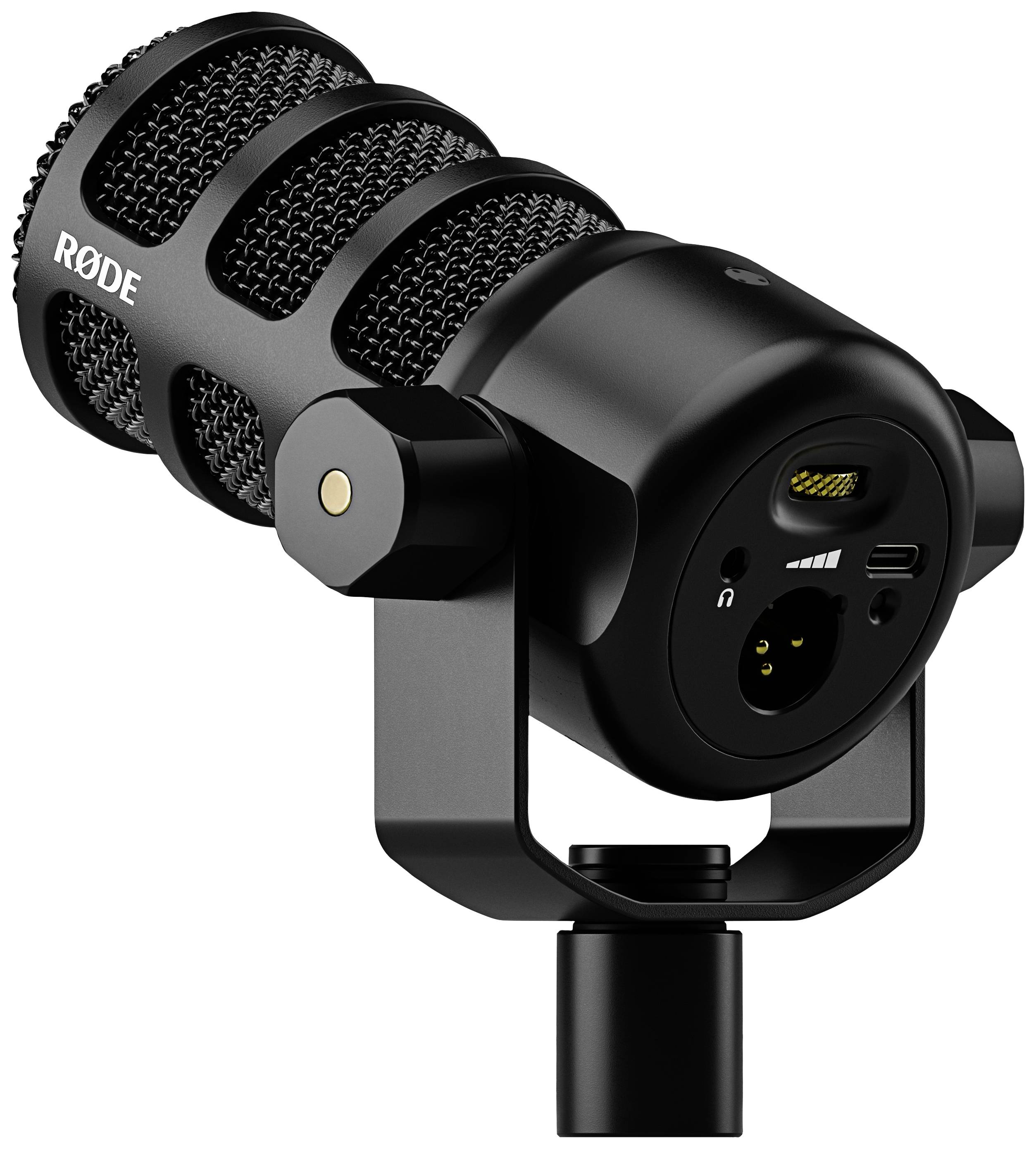 Schwarzes Studio-Mikrofon mit USB und XLR-Anschluss, geeignet für professionelle Audioaufnahmen und Podcasting.