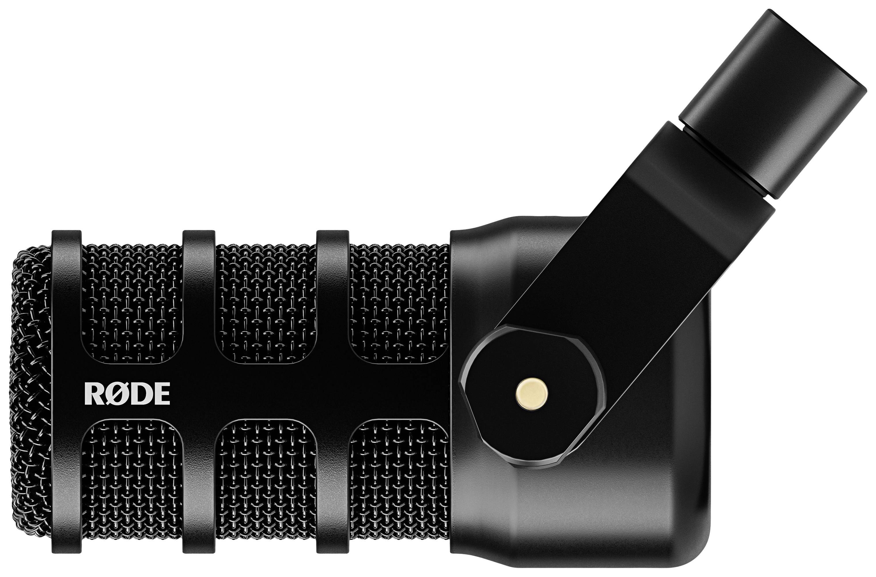 Ein schwarzes, seitlich ausgerichtetes Mikrofon mit dem Logo 'RØDE' darauf. Es ist professionell und wirkt stabil.