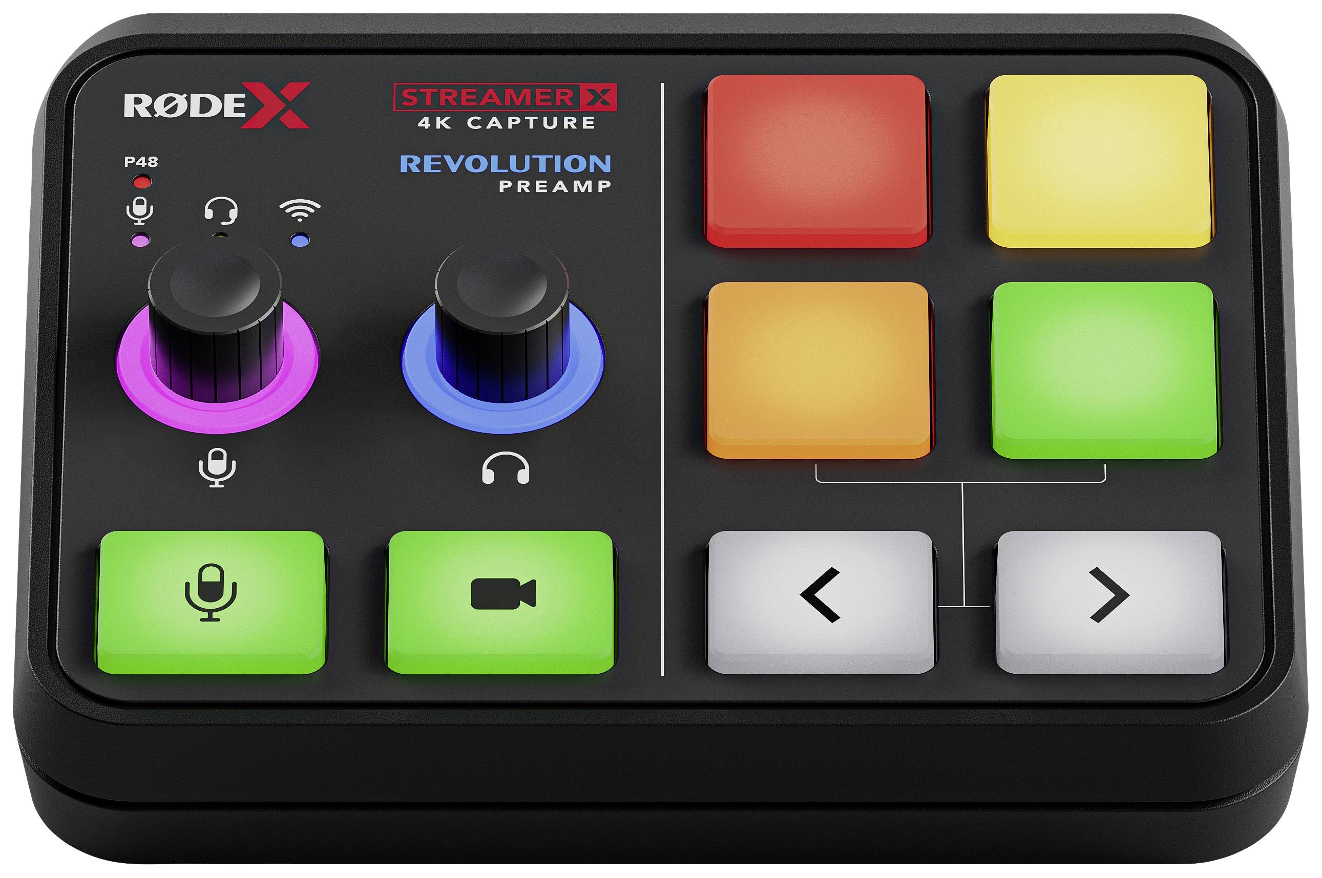 'RØDE Streamer X': Ein Audio-Interface mit Knöpfen, Farbdisplays und Kontrollelementen, spezialisiert auf 4K-Aufnahmen und Audiomischung.