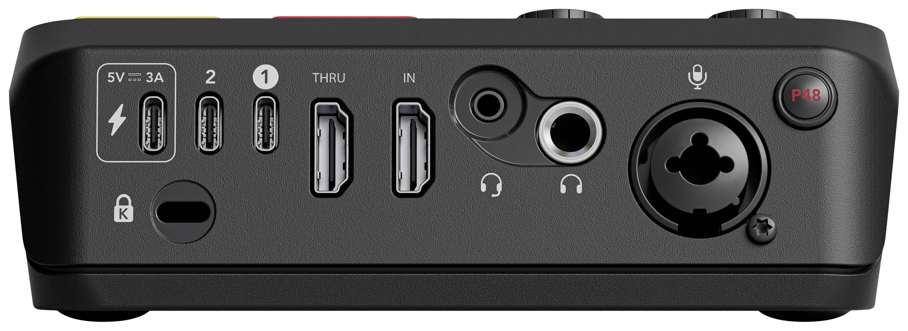 Rückseite eines Audiogeräts mit diversen Anschlüssen: zwei USB-C, zwei USB-A, Kopfhöreranschluss, XLR-Eingang und Mikrofoneingang.