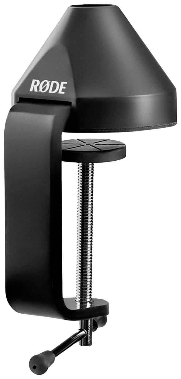 Ein schwarzer Mikrofonhalter namens 'RØDE' mit Klemmbefestigung, um stabile Ausrichtung auf einem Tisch oder einer Oberfläche zu ermöglichen.