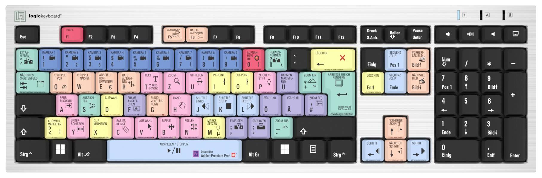 Logickeyboard Adobe Premiere Pro CC Kabelgebunden Tastatur Deutsch, QWERTZ Grau Multimediatasten, USB-Hub, Geräuscharme Tasten
