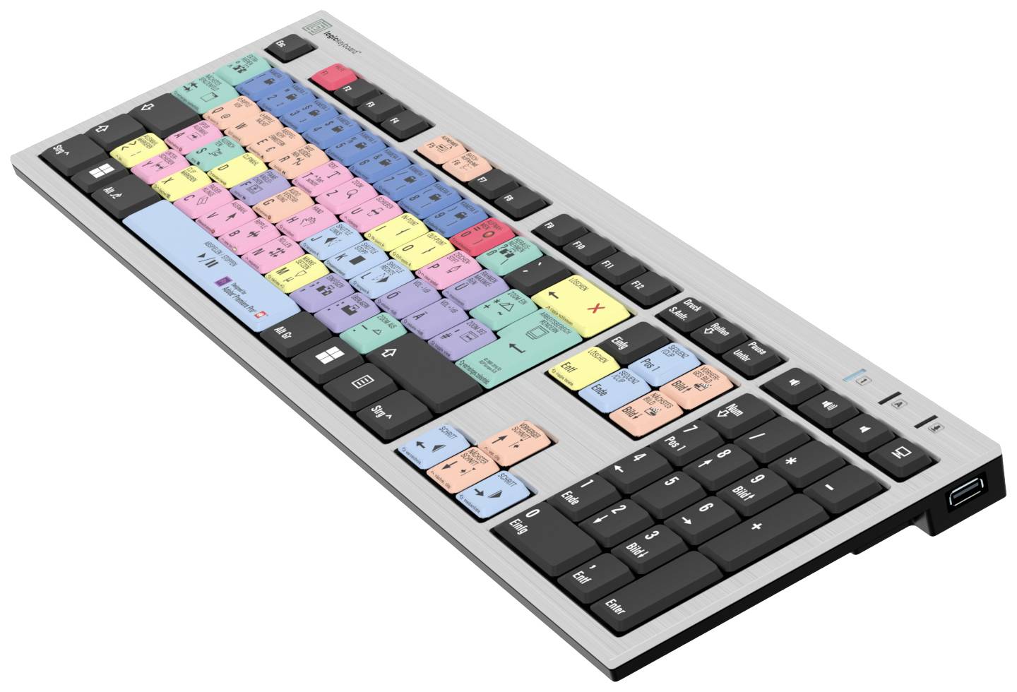 Logickeyboard Adobe Premiere Pro CC Kabelgebunden Tastatur Deutsch, QWERTZ Grau Multimediatasten, USB-Hub, Geräuscharme Tasten